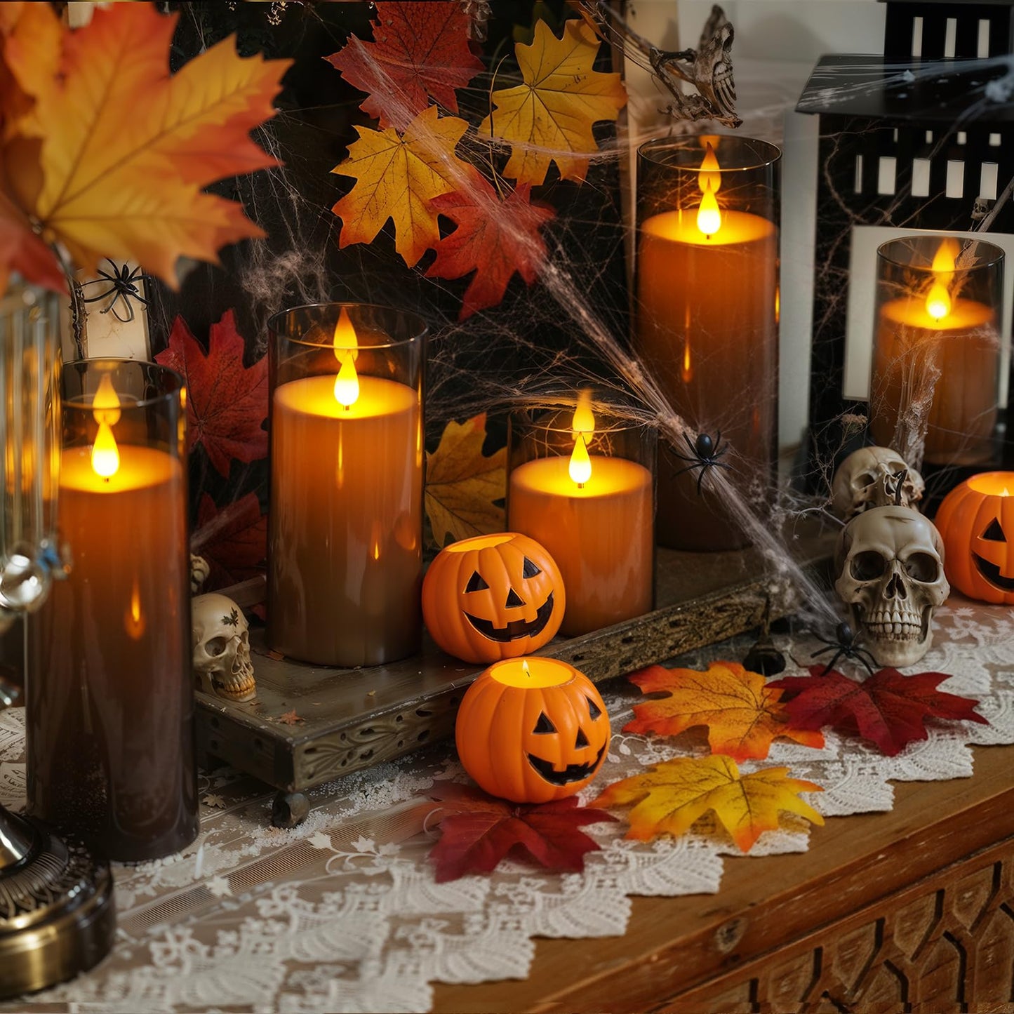 Homemory Gray Flickering Flameless Candles, Battery Operated Acrylic LED Pillar Candles with Remote Control and Timer, Halloween Decor, Set of 5