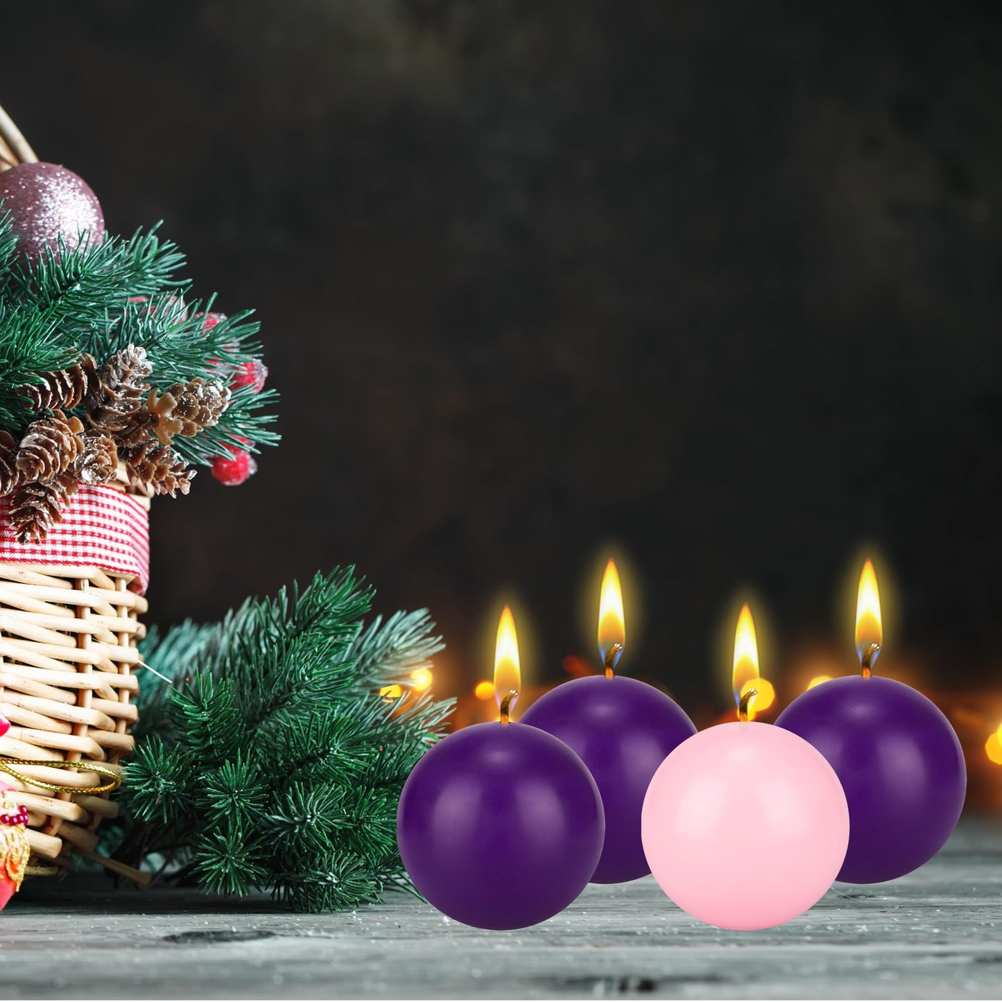 Mega Candles 4 pcs Unscented Christmas Advent Candles Set, Hand Poured Premium Wax Round Ball Candle 3 Inch Diameter, Holidays, Festivities, Devotional, Church, Wreath, Party, Gifts
