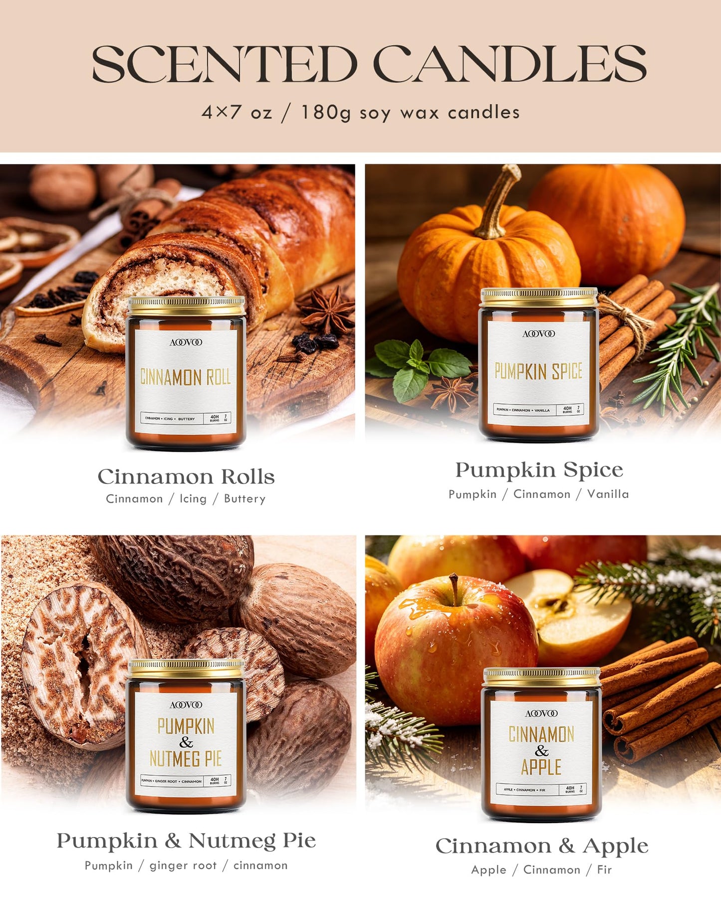 AOOVOO Fall Candles - 4 PC Scented Candle, 28 oz Soy Candles, Soy Candle for Home Scented,Cinnamon Roll/Cinnamon Apple/Pumpkin Nutmeg Pie/Pumpkin Spice