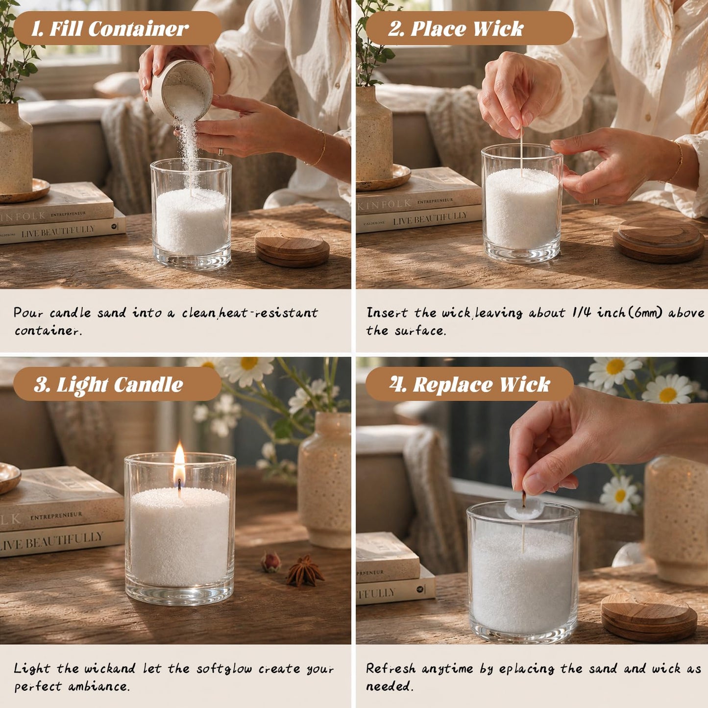 ENCANLIGHT Sand Candles with Wicks Sand Candle Kit-1Lb/16Oz Pearled Candle Sand for DIY Candles Reusable Pearled Candle with 10 Cotton Wicks