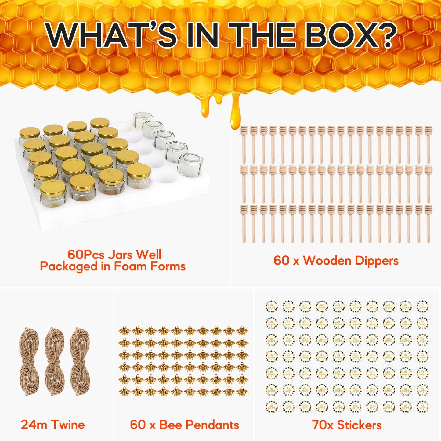 AuroTrends Mini Honey Jars with Dipper 1.5oz 60Pack, Empty Hexagon Honey Jars for Baby Shower Favors/Wedding Favors for Guests Bulk-Mini Glass Jar with Lids/Wooden Dippers (1.5 fl.oz-60Pack)