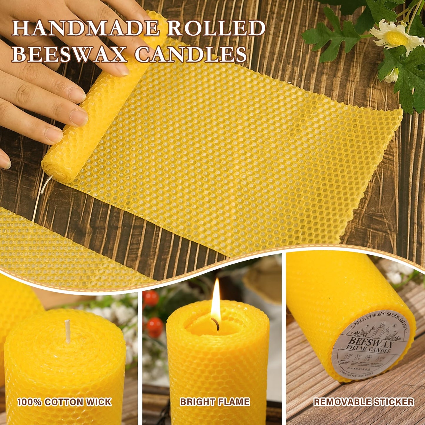 Beeswax Pillar Candles,Hand Rolled Honeycomb Design,3 Sizes,100 Hours Total