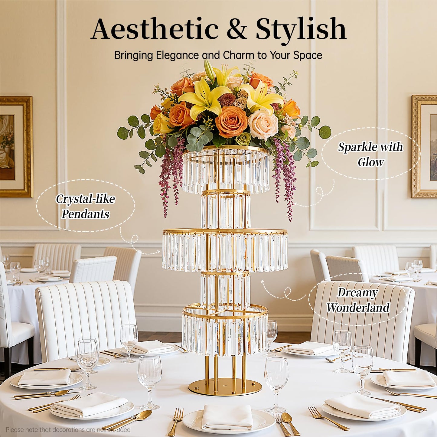 2 PCS Crystal Vases for Centerpieces, 43.3 in Tall Metal Pedestal Stands with Hanging Crystals for Table Chandelier Centerpiece, 5 Tiers Flower Stand for Wedding Reception Party (Gold, Round Base)