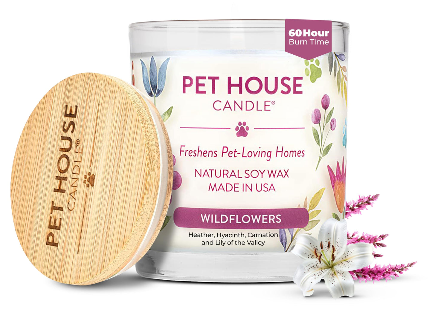 Pet House Candles, Plant-Based Long Lasting, Clean Burning Scented Pet Odor Candles, 60 Hour Burn Time - Wildflowers, 9 oz