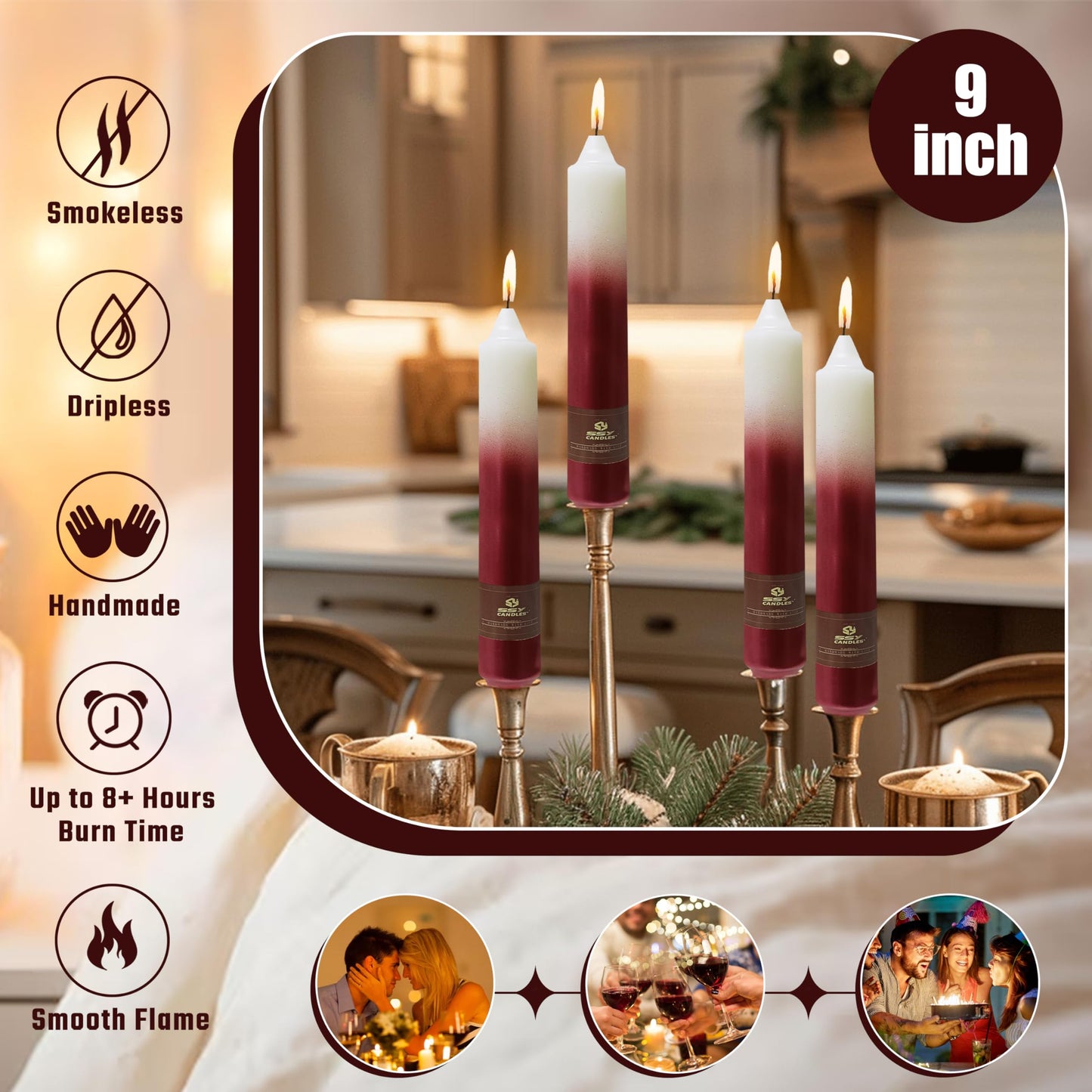 Christmas Metallic Red Candle 9 Inch Tall Smokeless Taper Candles 4 Pack Unscented Dinner Candle for Christmas Dinner