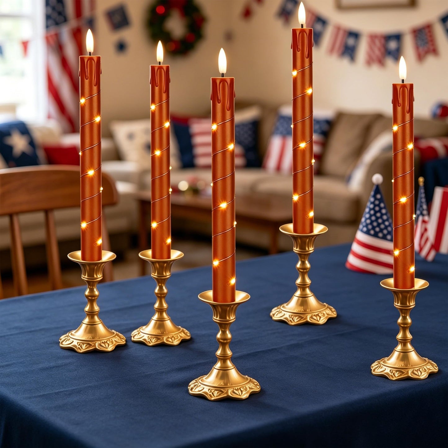 Patriotic Flameless Taper Candles with Remote for 250th Anniversary Decorations，3D Flickering Flame LED Candles Arounded with Starlight String for 4th of July Decoration, Pack of 6, Reddish Brown
