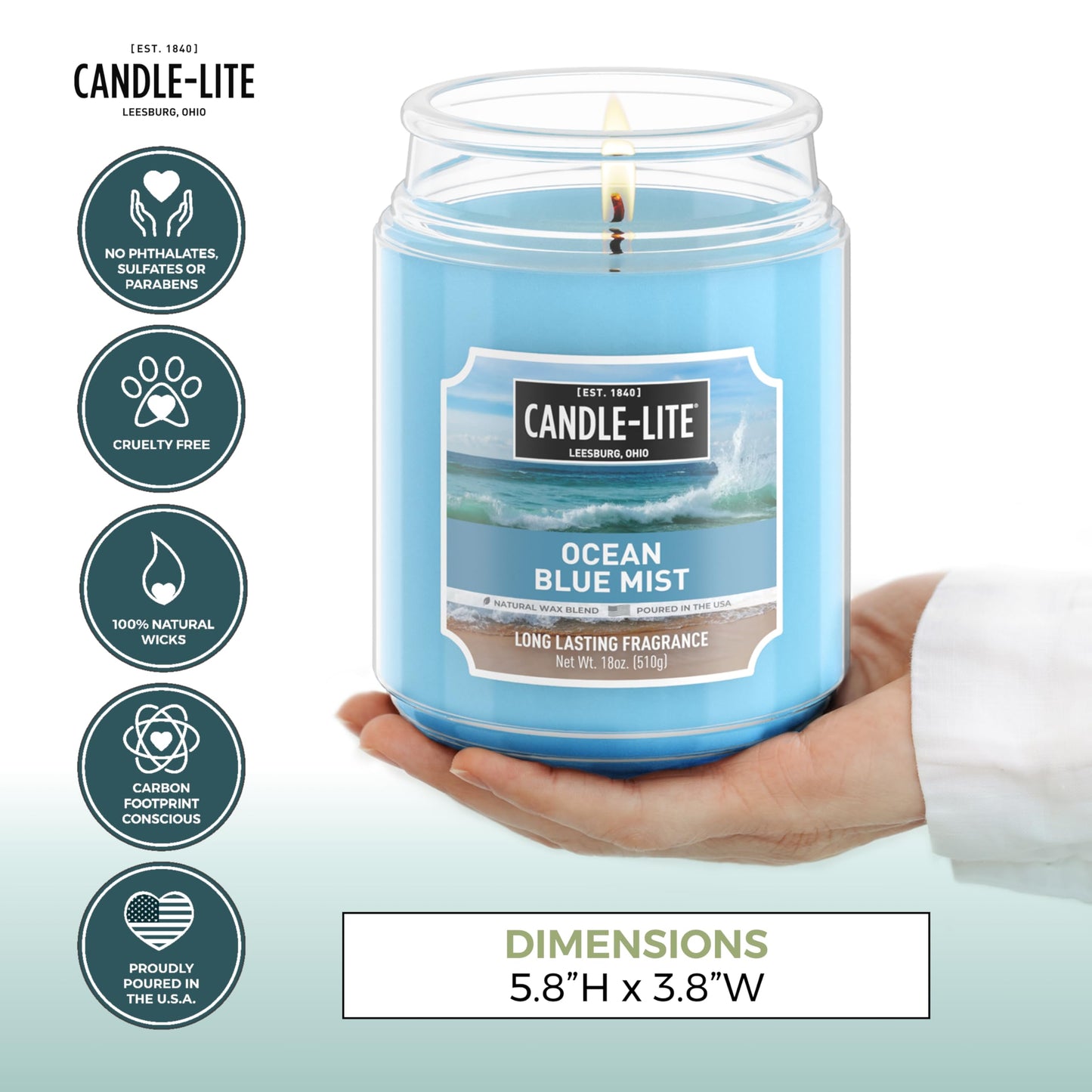 CANDLE-LITE Scented Ocean Blue Mist Fragrance, One 18 oz. Single-Wick Aromatherapy Candle with 110 Hours of Burn Time, Light Color (Individual Box) (Pack of 2)
