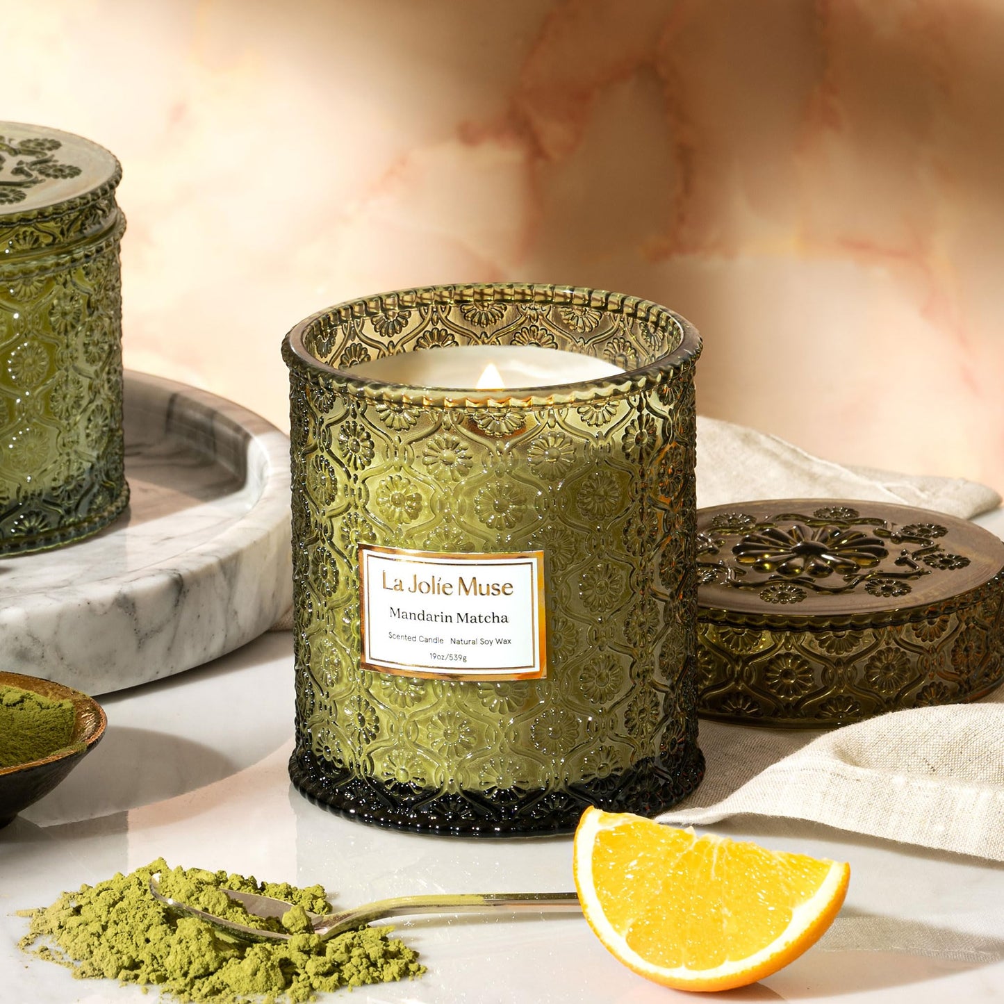LA JOLIE MUSE Mandarin Matcha Candle - Bergamot, Matcha, Cedarwood | 19 oz Large Wooden Wick Candles | Natural Soy Wax | 90 Hours Clean Burn | Fresh Citrus Candle | Gift-Ready for Hosts