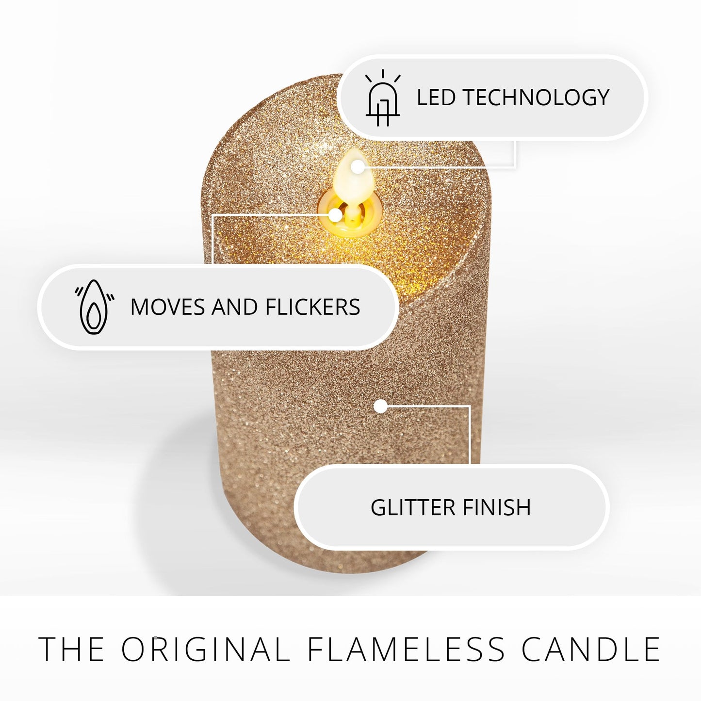 Luminara Realistic Artificial Flame Gold Glitter Pillar Candle - Moving Flame LED Battery Operated Lights - Unscented - Remote Ready - Remote Sold Separately - 3" x 6.5"