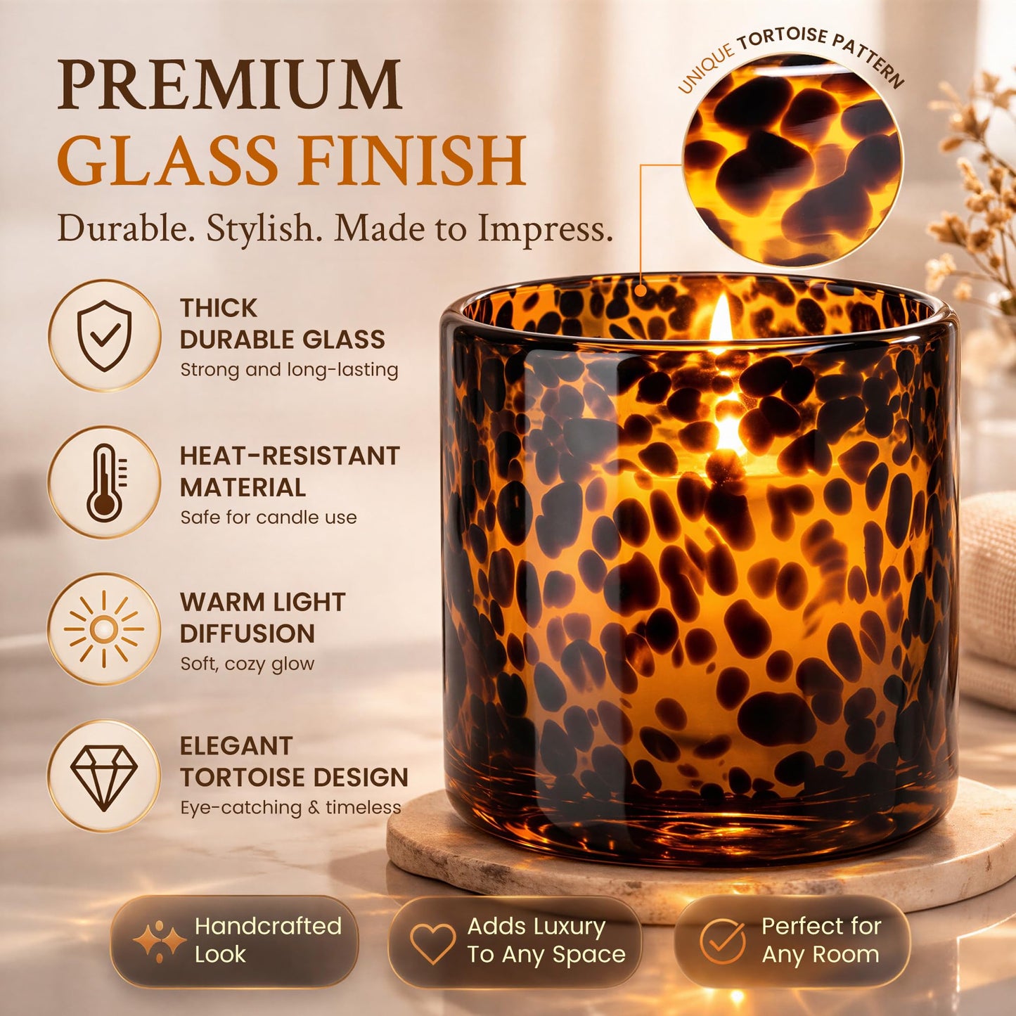 Tortoise Shell Candle Holder | Large Size 4.7" | Cheetah & Leopard Print Candle Holder | Large Amber Glass Votive for Vanity | Animal Pattern Glass Decor | Tea Light, Jar Candle & Vanity Accent