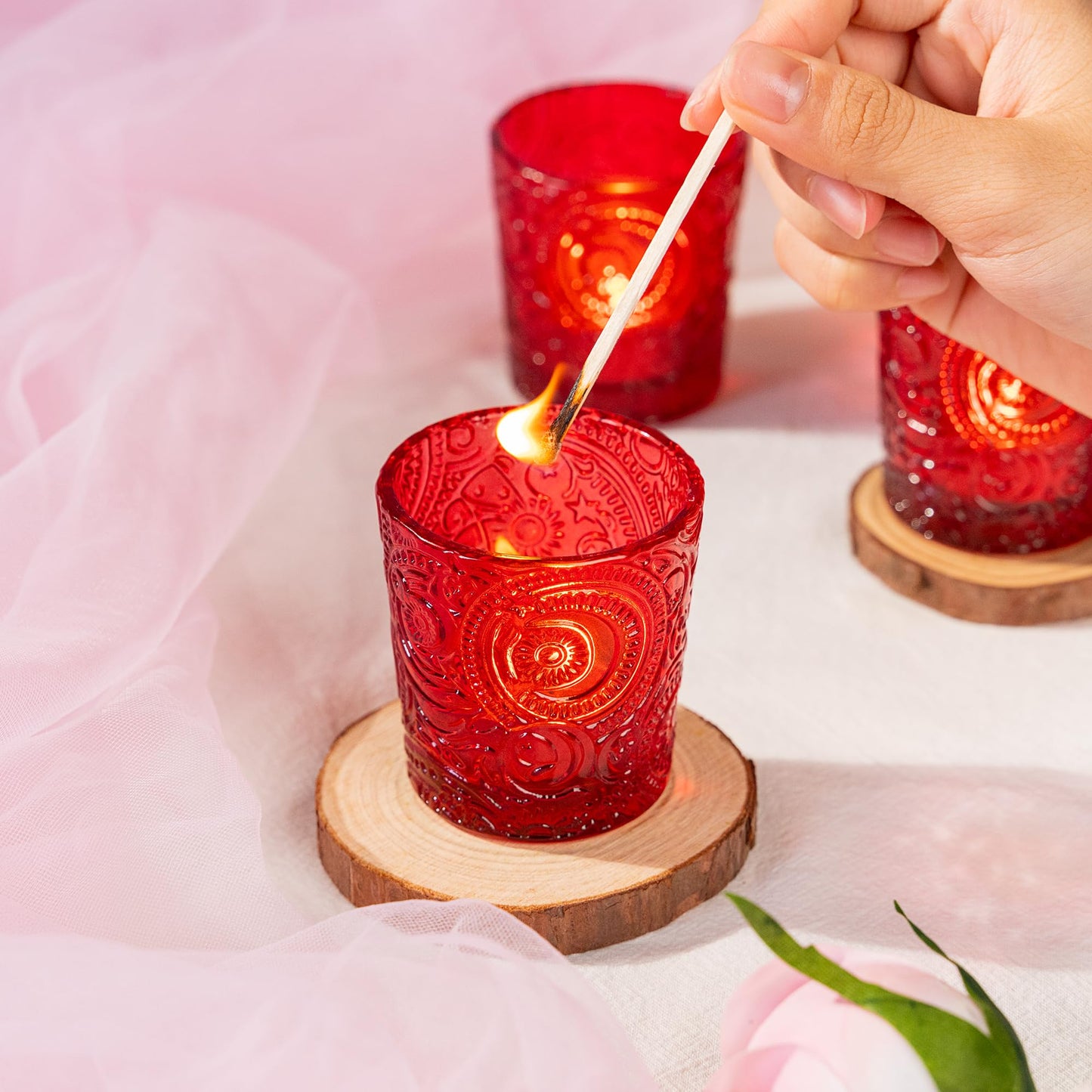 6 Pack Sun Moon Star Embossed Glass Tea Light Candle Holders - Votive Candle Holders for Wedding, Party, Home Decor, and Table Centerpieces (Ruby Red)