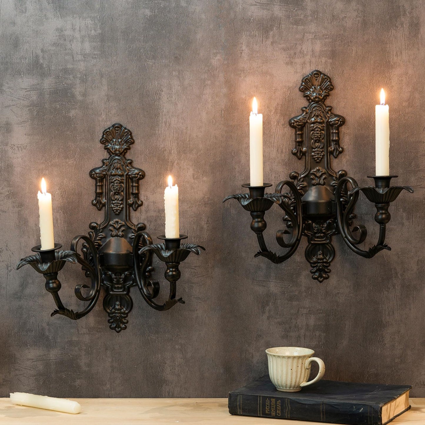 CC wonderland zone Candle Sconce(Set of 2)-Metal Gothic Wall Decorations-Rustic Home Decor-Black Gold Wall Candle Sconces,Dark Academia Decor