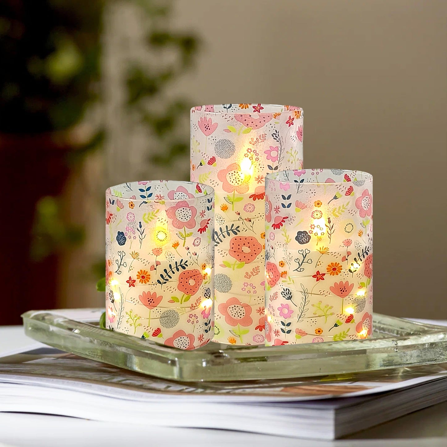 NjaoHoo Floral Flickering Flameless Candles, Recessed String Light LED Candles 3D Wick Acrylic Battery Operated LED Pillar Candles with Remote and Timer for Spring Decor Set of 3(Cute Floral)