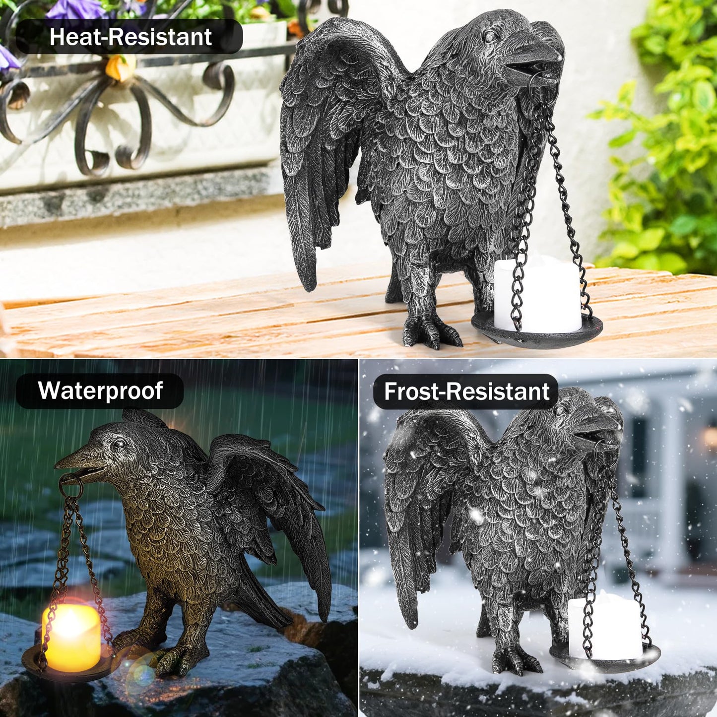 Halloween Decorations Spread Wings Raven Candle Holder Outdoor Garden Statue for Patio Decor Gothic Home Decor Half Silver