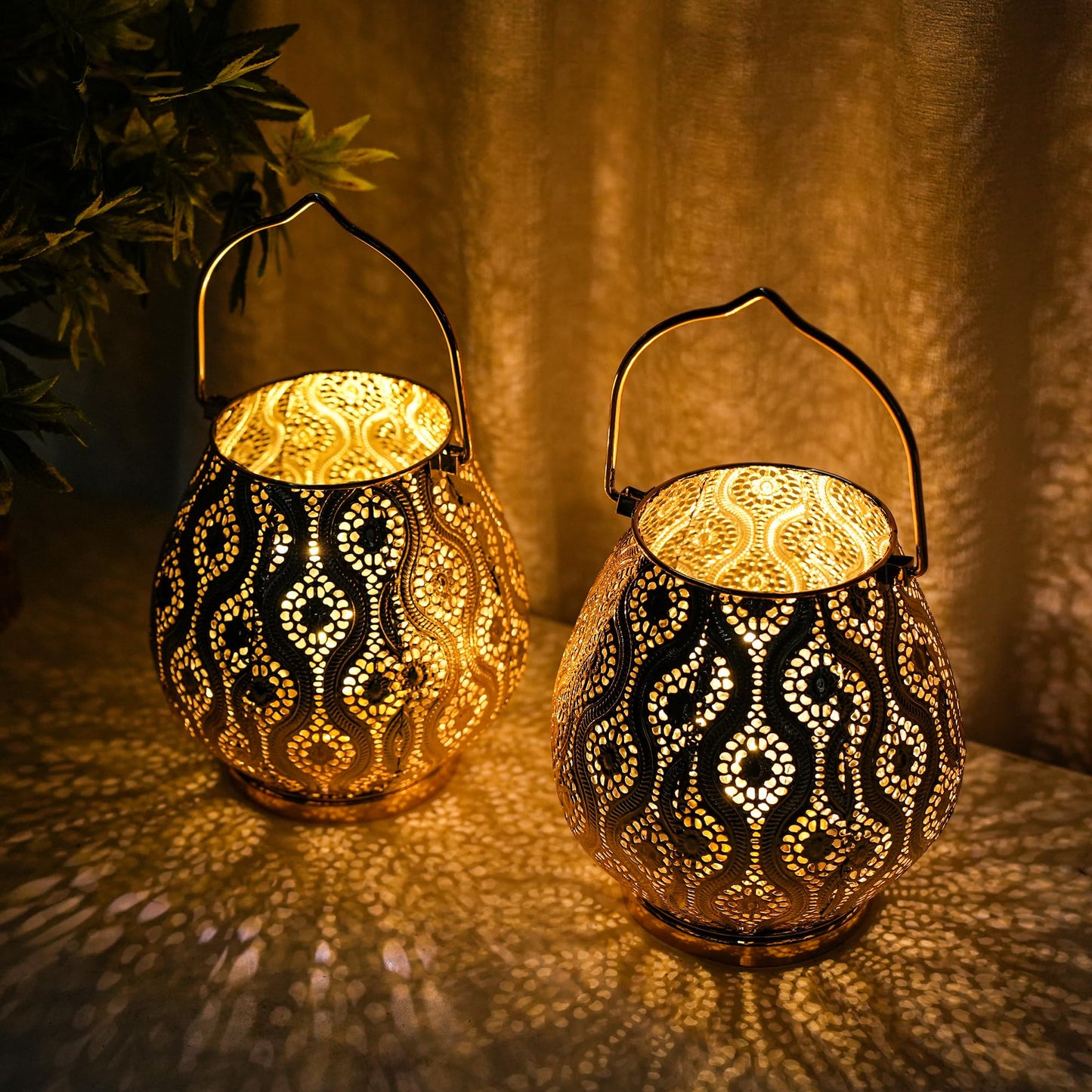 TRIROCKS Set of 2 Moroccan Decorative Lamps 8'' High Cordless Lamp Metal Table Lamps with Fairy Lights Bulb for Home Living Room Garden Yard Party Events Tabletop Indoor Outdoor(Gold)