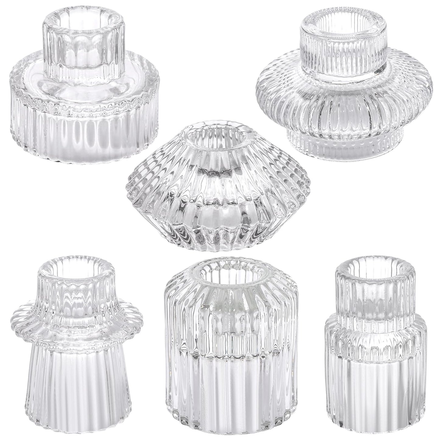 6PCS Taper Candle Holders Clear Glass Candlestick Holders Ribbed Glass Taper Candle Holders for Christmas Events Party Wedding Reception Table Centerpiece Decorations