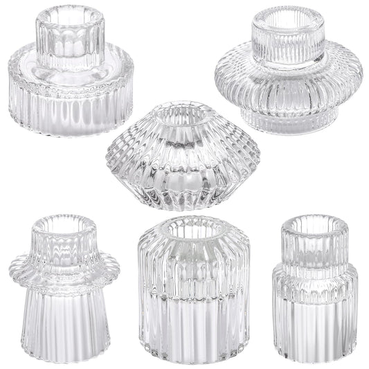 6PCS Taper Candle Holders Clear Glass Candlestick Holders Ribbed Glass Taper Candle Holders for Christmas Events Party Wedding Reception Table Centerpiece Decorations
