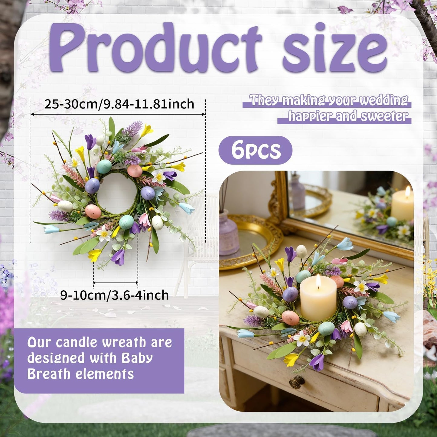 6 Pcs Easter Small Candle Rings Wreaths Mini Pillar Candle Holder Wreath with Eggs and Flowers Artificial Spring Yellow Berries Wreath for Home Kitchen Front Door Window Porch Wall Table Cnterpieces