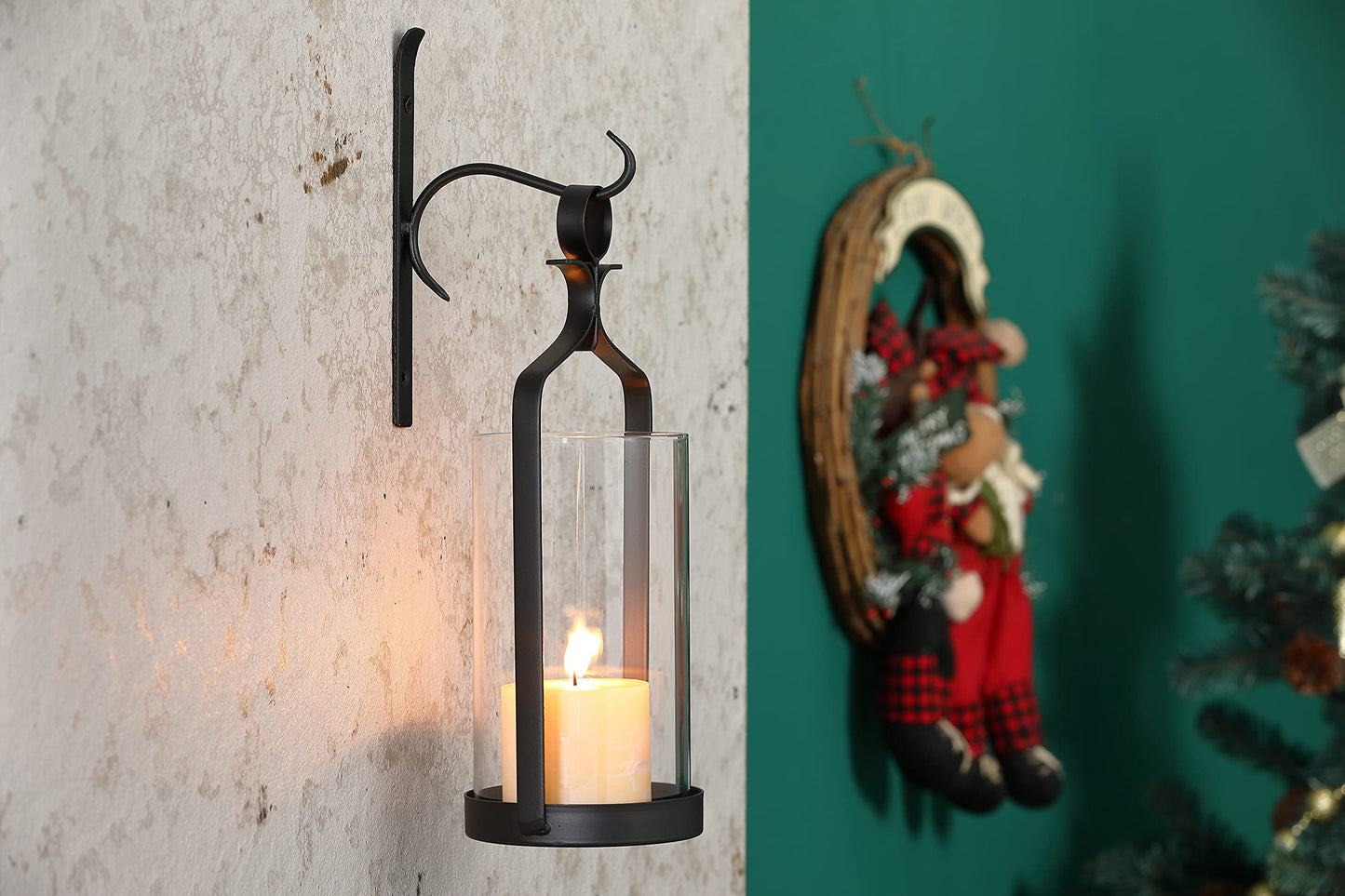 Souliron Hanging Hurricane Glass Wall Sconce Candle Holder Black Metal Wall Decorations Set of 2 HLJ15-291B2