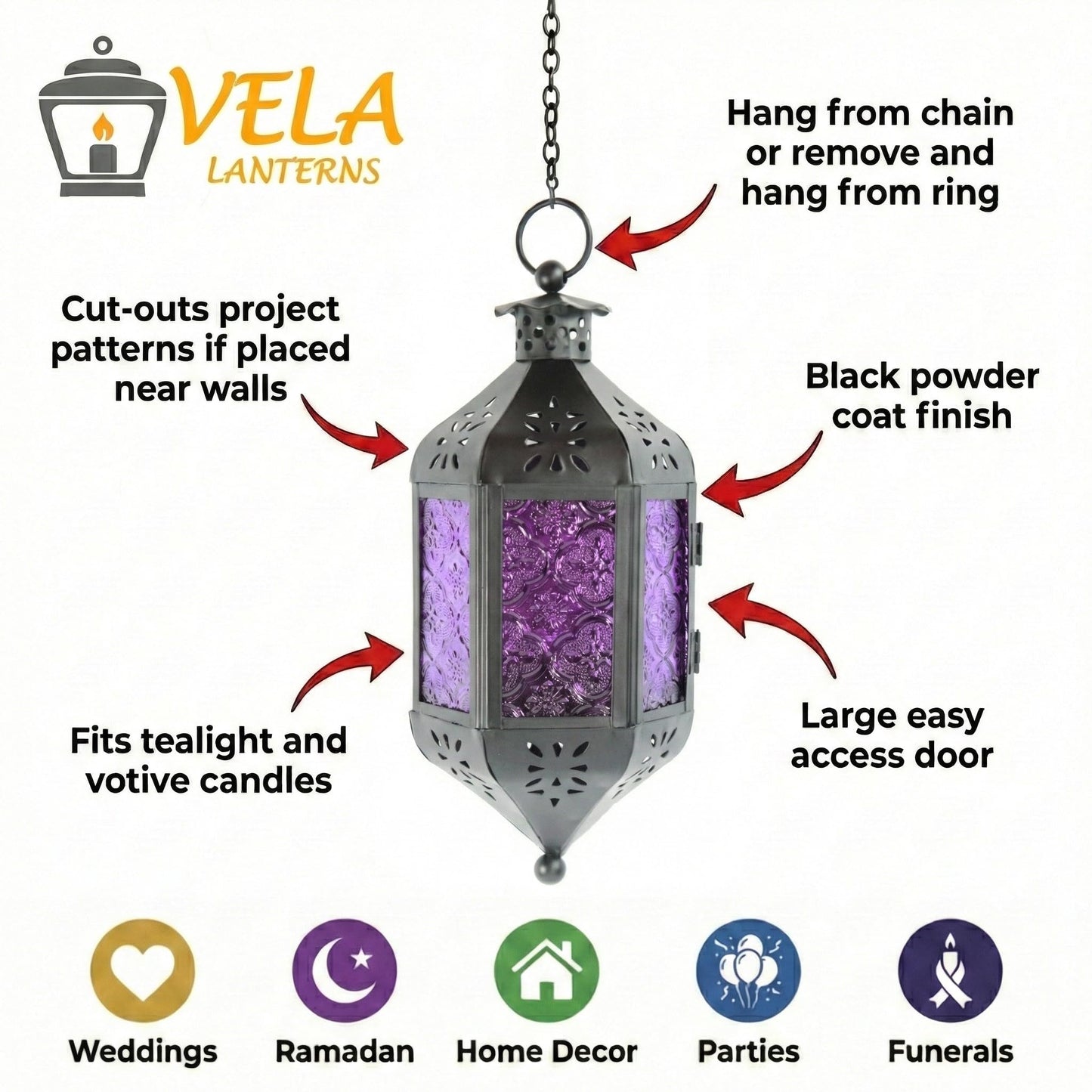 Vela Lanterns Gothic Candle Holder, Hanging Lantern Indoor Lamp, Witchy Whimsigoth Home Decor, Decorative Moroccan Purple Glass Halloween & Vampire Decorations, Metal with 12" Chain, Purple Glass