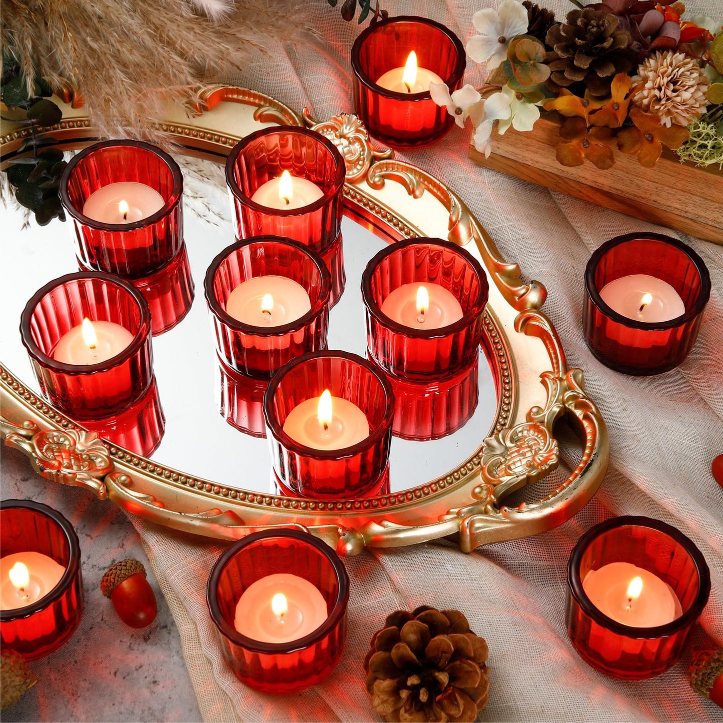 Mumufy 100 Pcs Glass Tealight Candle Holder Ribbed Votive Candle Holder for Centerpiece Wedding Proposal Spa Aromatherapy Meditation Home Decor (Red)