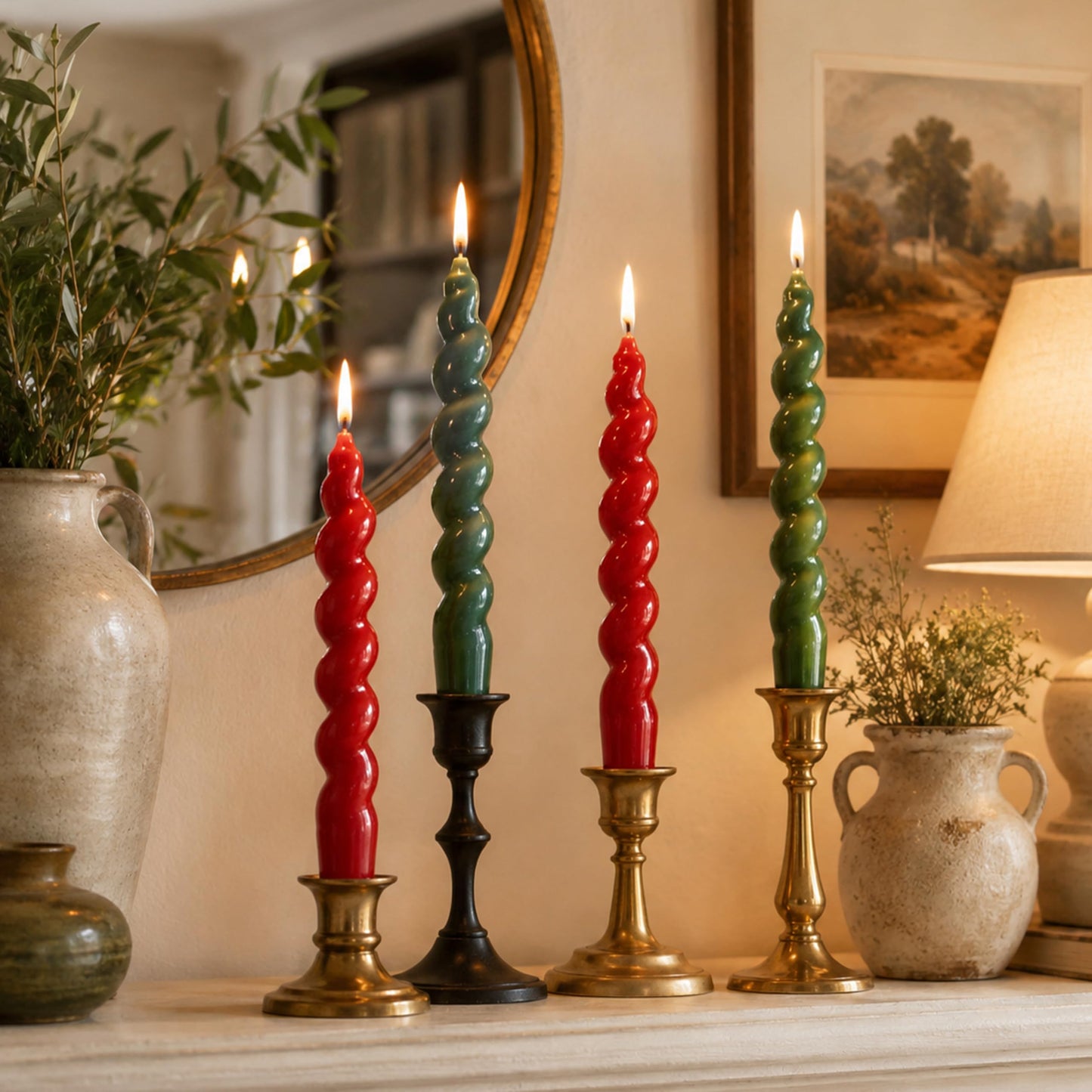 7.5 Inch Red and Green Spiral Taper Candles Set of 4, Handmade Unscented Twisted Dinner Candles for Candlestick Holders, Christmas Wedding Table Decor