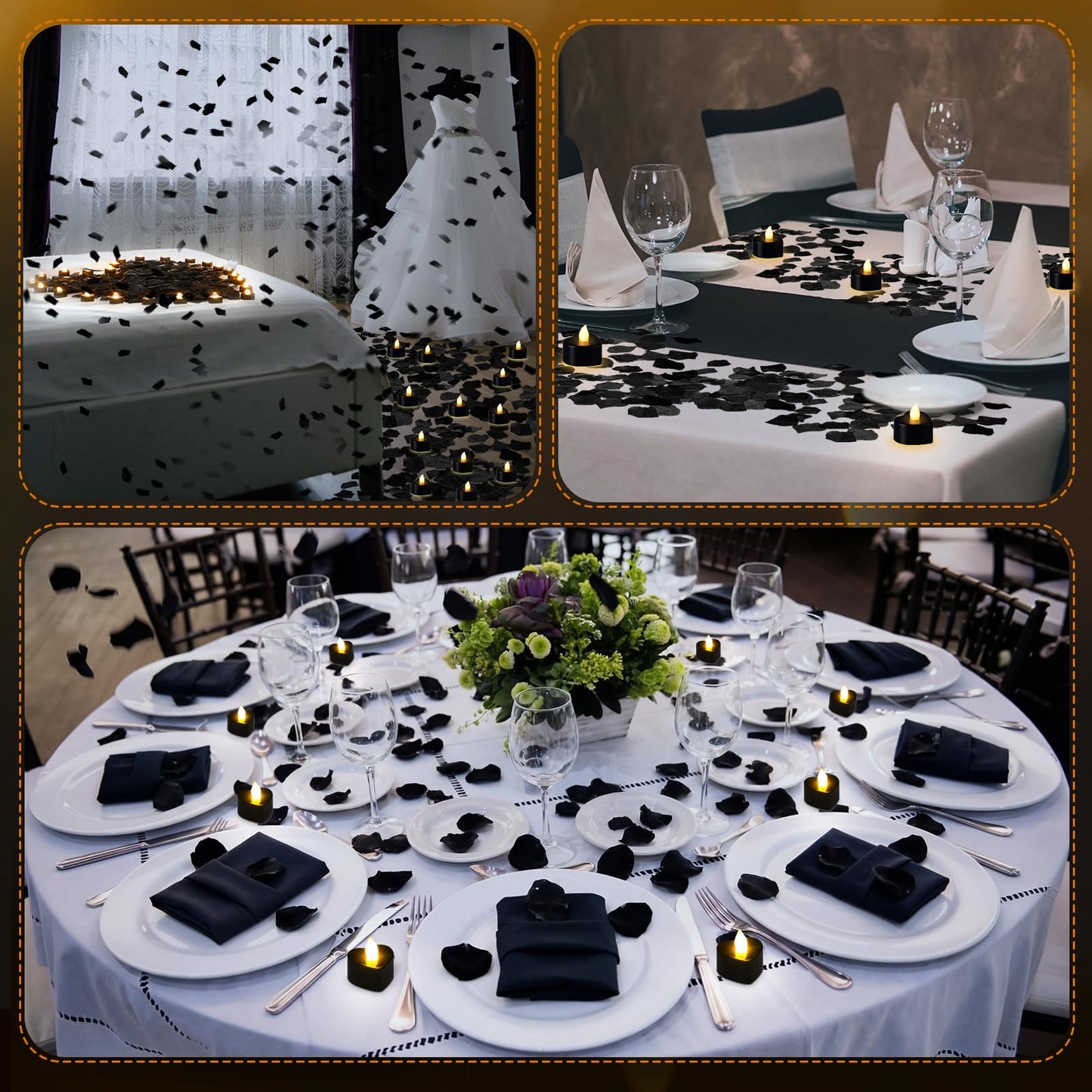Honoson 1000 Pieces Artificial Rose Petals with 24 Pcs Flameless Heart Shaped LED Tealights Candles Special Romantic Night Decorations for Proposal Wedding Anniversary Table Decor (Black with White)