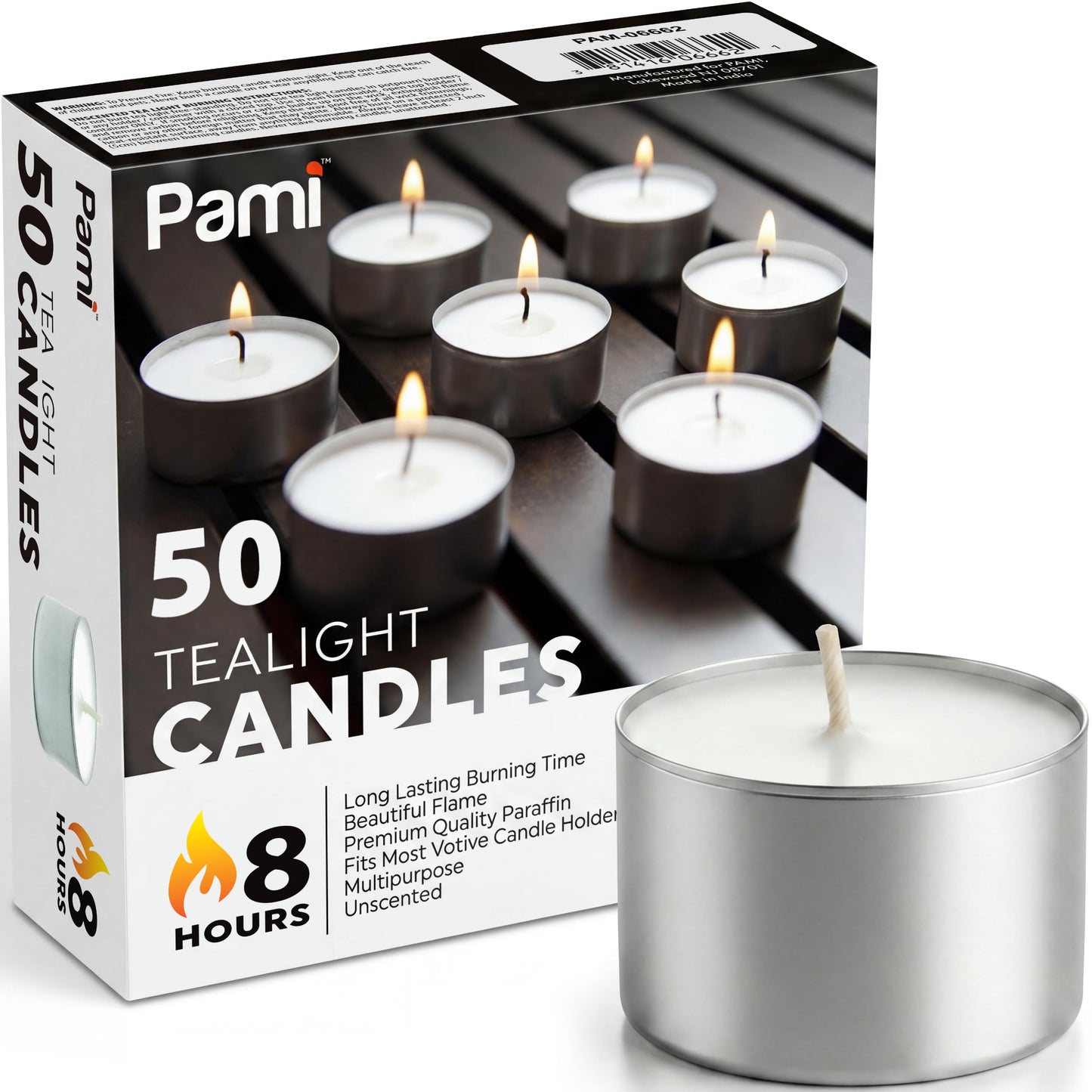 PAMI Premium Long-Lasting with 8 Hours Burning Time Unscented Round Tealight Candles [50-Pack] - Paraffin Tealights with Beautiful Flame- Perfect for Votive Candle Holders