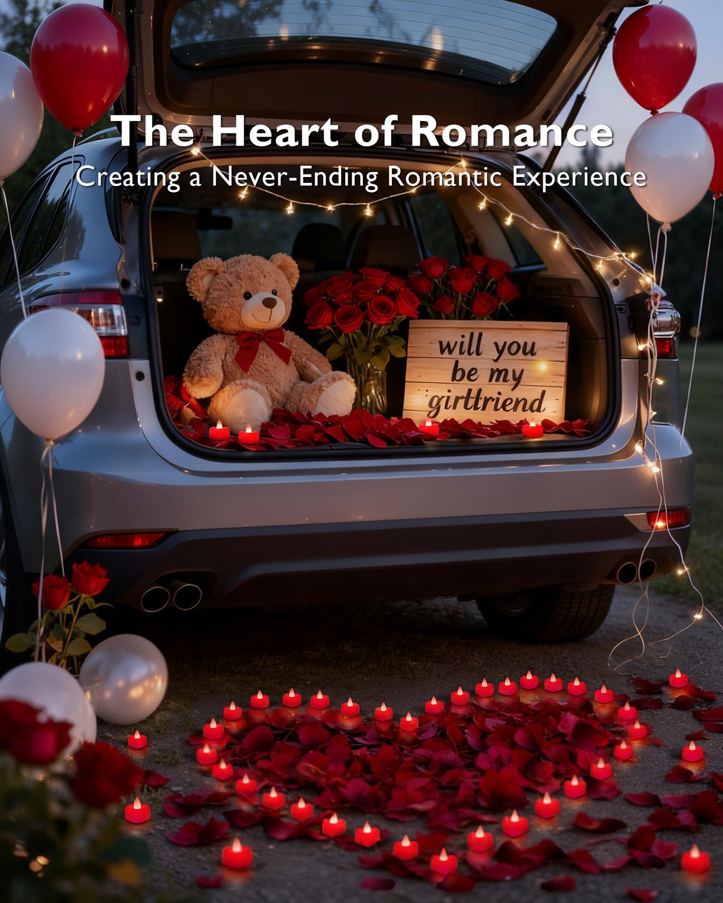 Amagic 2000 Pieces Red Artificial Rose Petals with 24 Red Heart LED Tea Lights, Rose Petals and Candles Set for Proposal, Anniversary, Romantic Night, Wedding Decor