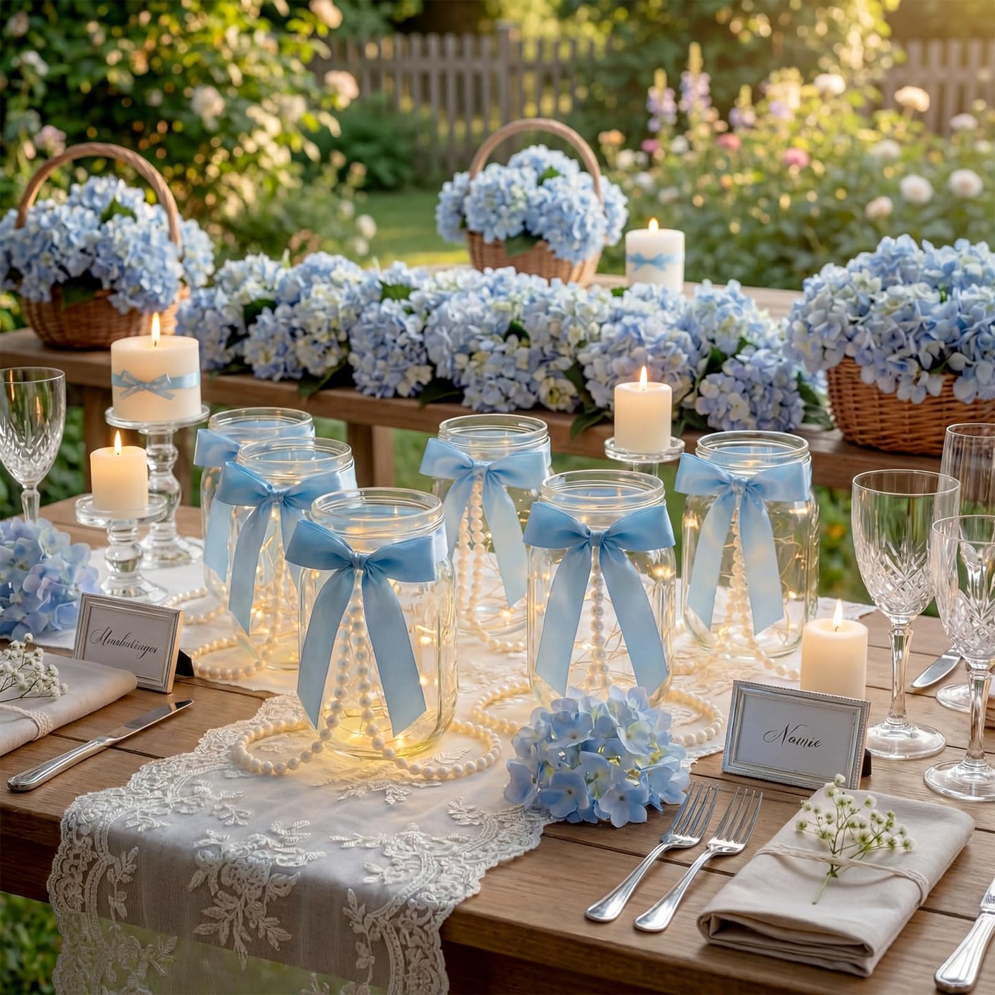 Gandeer 6 Sets Blue Mason Jars Centerpieces for Table Bridal Shower Mason Jar Lights Vases with Bow and Pearl Ribbon Bow Vase for Flowers Table Engagement Party Bridal Shower Wedding Centerpieces
