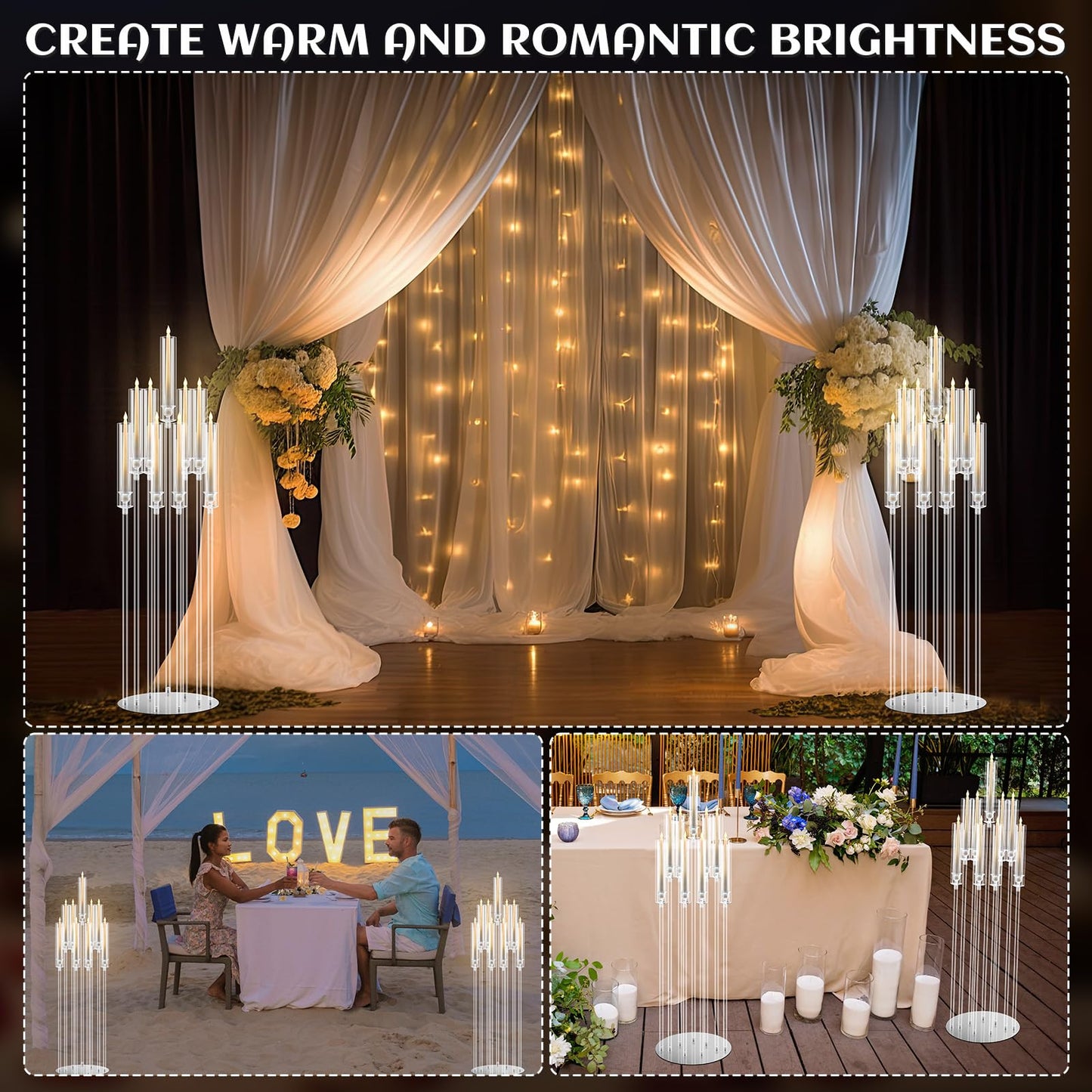 Tessco 4 Pcs 9 Arm 42.5" Acrylic Candelabra Table Centerpiece Floor Candelabras Clear Candle Holder with Removable Lampshade Wedding Candelabra Centerpiece Fit 0.8 LED