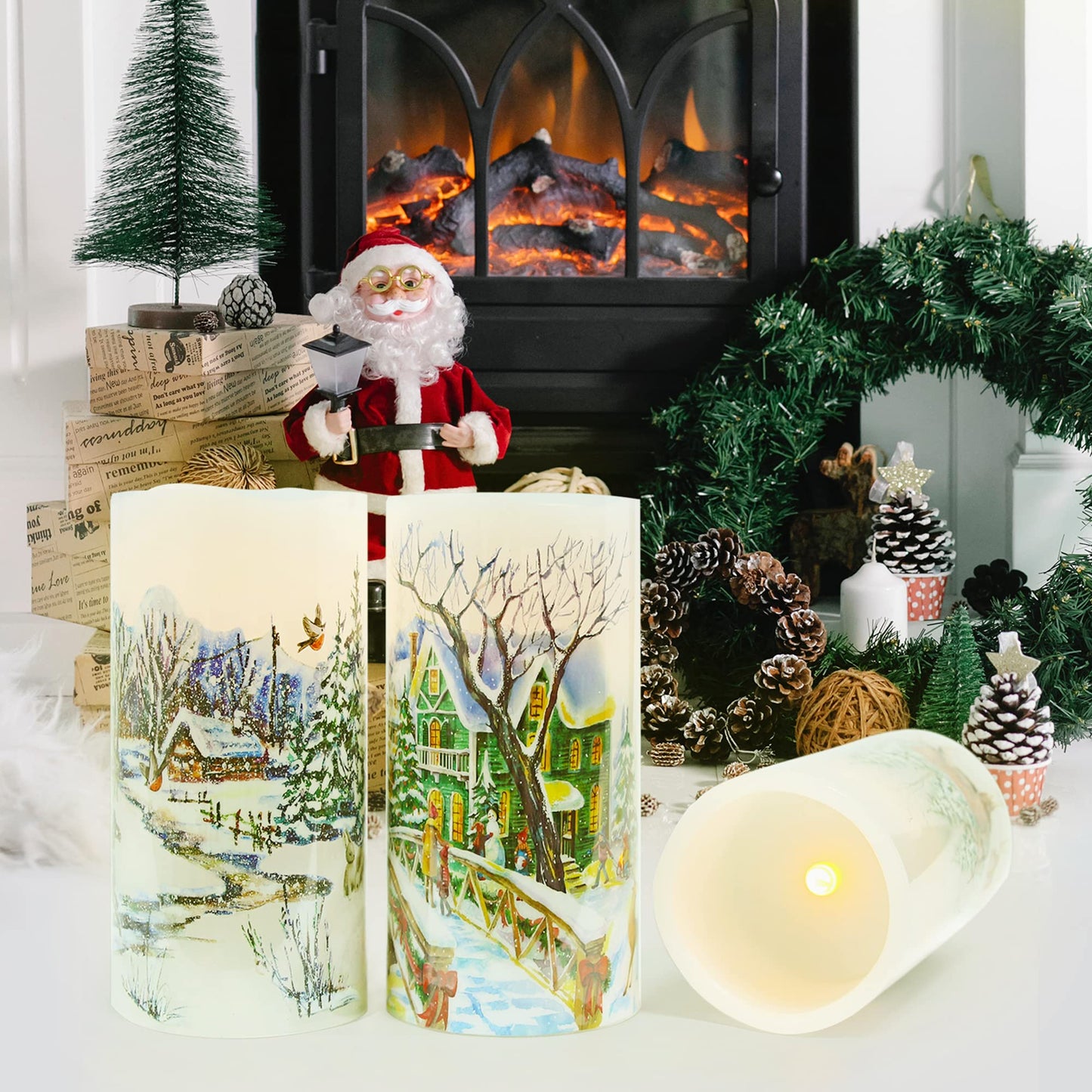 Darnassus Christmas Flameless Candles Real Wax LED Candles Decor Battery Operated with Timer and Green Christmas Tree Decal,Set of 3,Warm Light