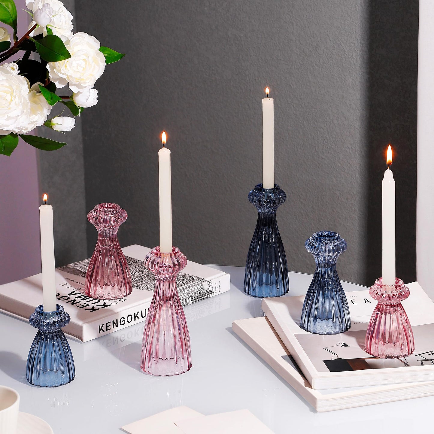 Lysenn Glass Candle Stick Holder Set of 3 – Premium Taper Candle Holders for Romantic Ambiance - Candle Sticks Holder Decor for Special Occasions - Pink