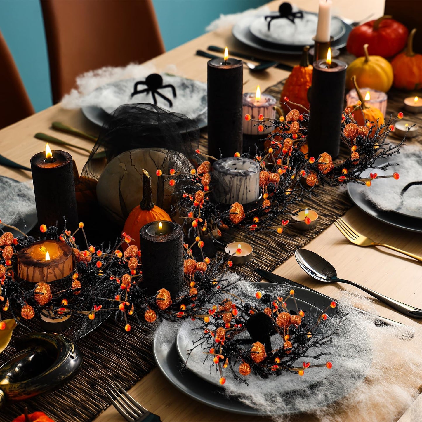 8 PCS Halloween Candle Rings Wreaths Black Orange Berries & Pumpkin Candle Rings Mini Wreath 3.5 Inch Center for Pillar Candle Halloween Fall Thanksgiving Party Home Table Indoor Decorations