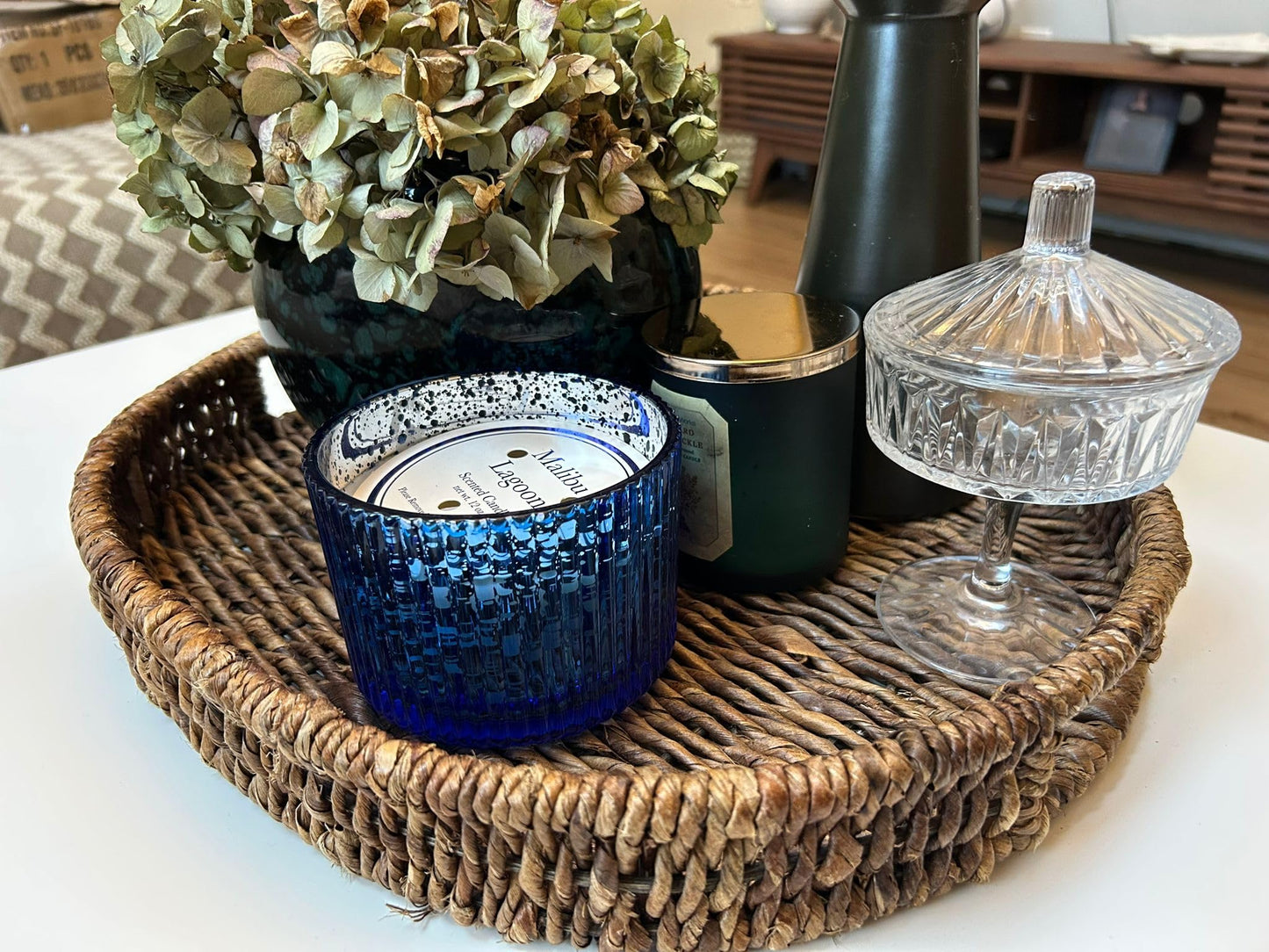 Ocean Breeze Scented Candle, 12 oz Triple Wick Candle in Blue Mercury Glass Jar, Lemon Blossom & Sea Salt Fragrance, Coastal Beach Home Decor, Reusable Decorative Jar (Blue, Malibu Lagoon)
