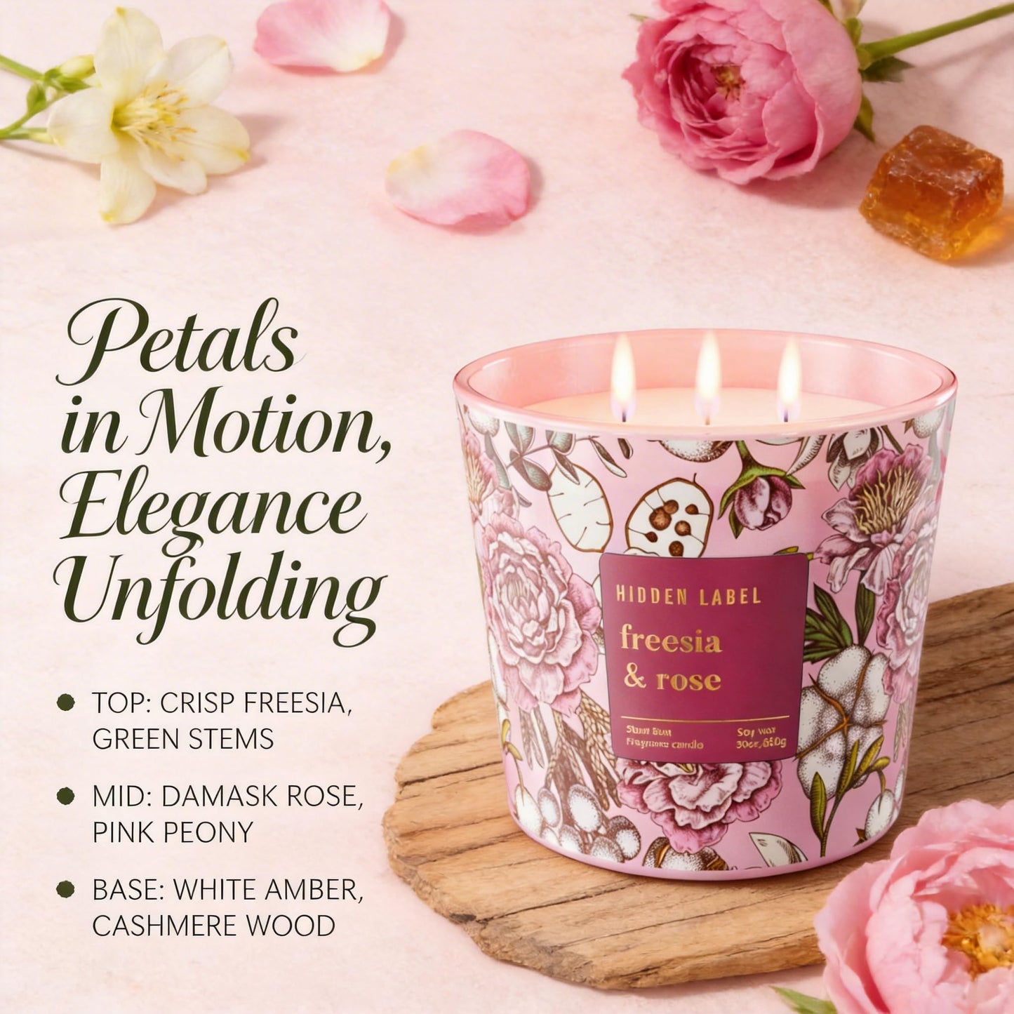 Freesia Rose Scented Candle, 30oz 3-Wick Natural Soy Wax, Up to 100 Hours Long-Lasting Clean Burn, Non Toxic Large Jar Aromatherapy Candle, Freesia Rose, Gifts for Women