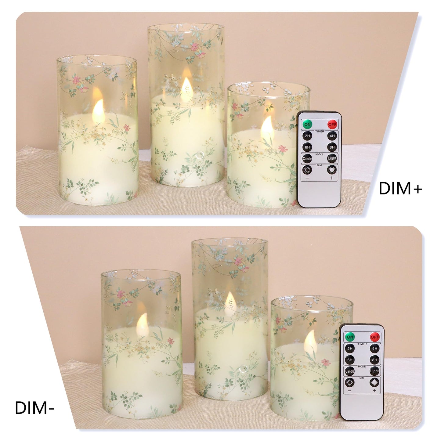 FLAVCHARM Glass Flameless Candles Flickering Battery Operated LED Pillar Candles Set of 3 with Timer and and 10-Key Remote Green Branch Floral Spring Summer Theme for Wedding Festival Home Decoration