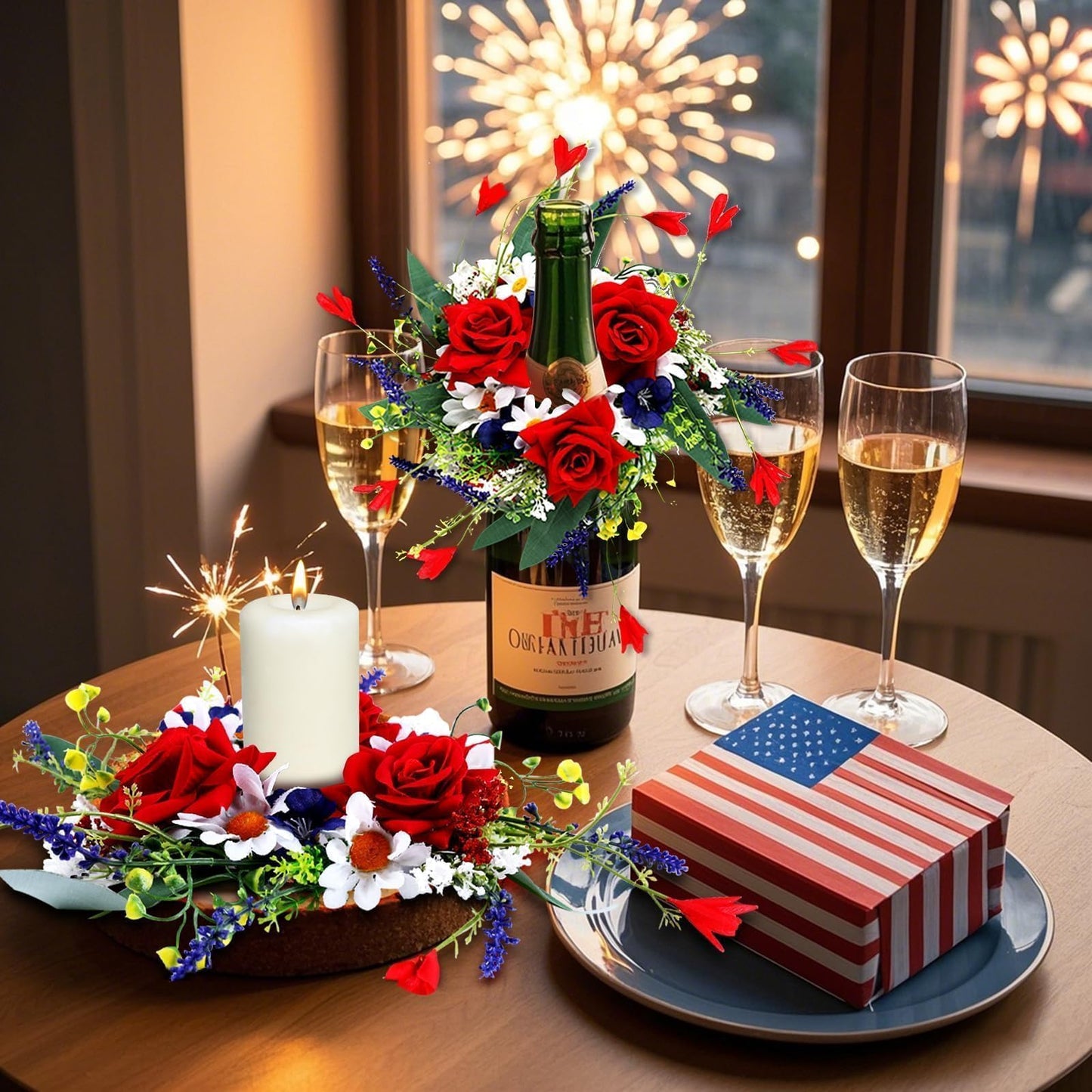 6 Pcs 4th of July Red White and Blue Candle Rings Wreath 3 Inch Patriotic Candle Rings Mini Wreath American Independence Day Rings Wreaths for Table Window Door Decor