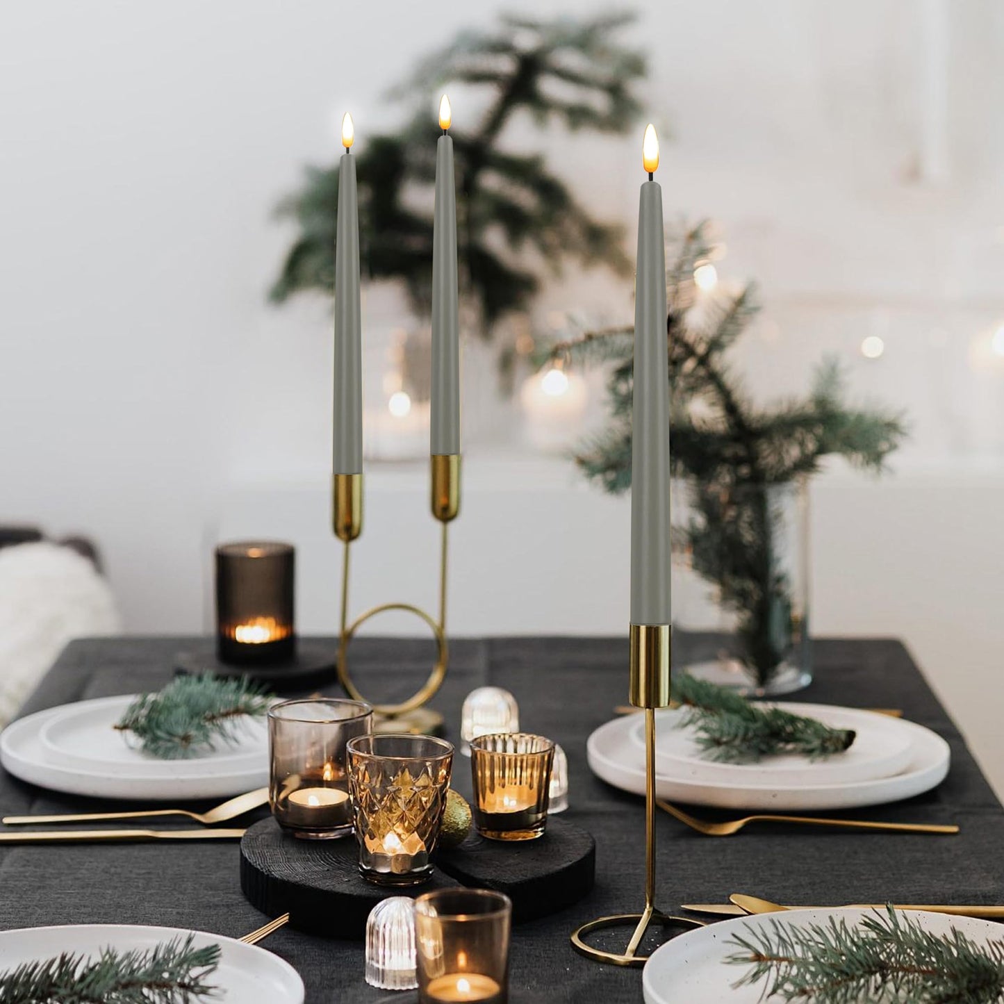 CVHOMEDECO. Flameless Taper Candles with 10-Key Remote, Battery Operated Led Flickering 3D Wick Window Candles Real Wax Finished Home Christmas Party Decor 0.78 x 11 Inch, Pack of 3, Grey