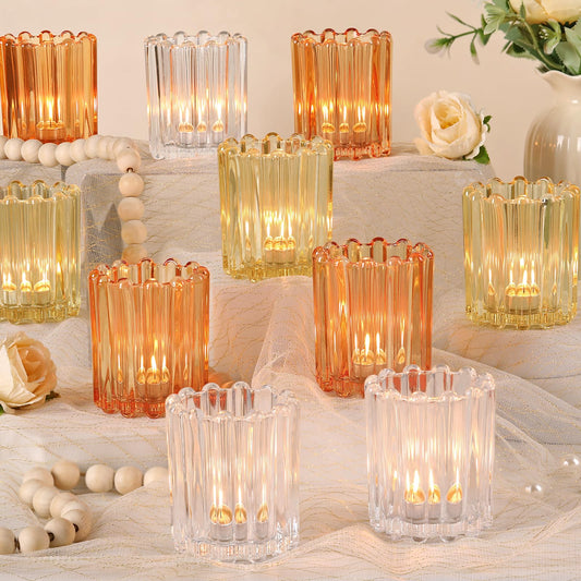 HAVITI Votive Candle Holder, Orange Ribbed Votive Candle Holders Set of 12, Mixed Color Tealight Candle Holder for Wedding Centerpieces Dinner Party Table Decor