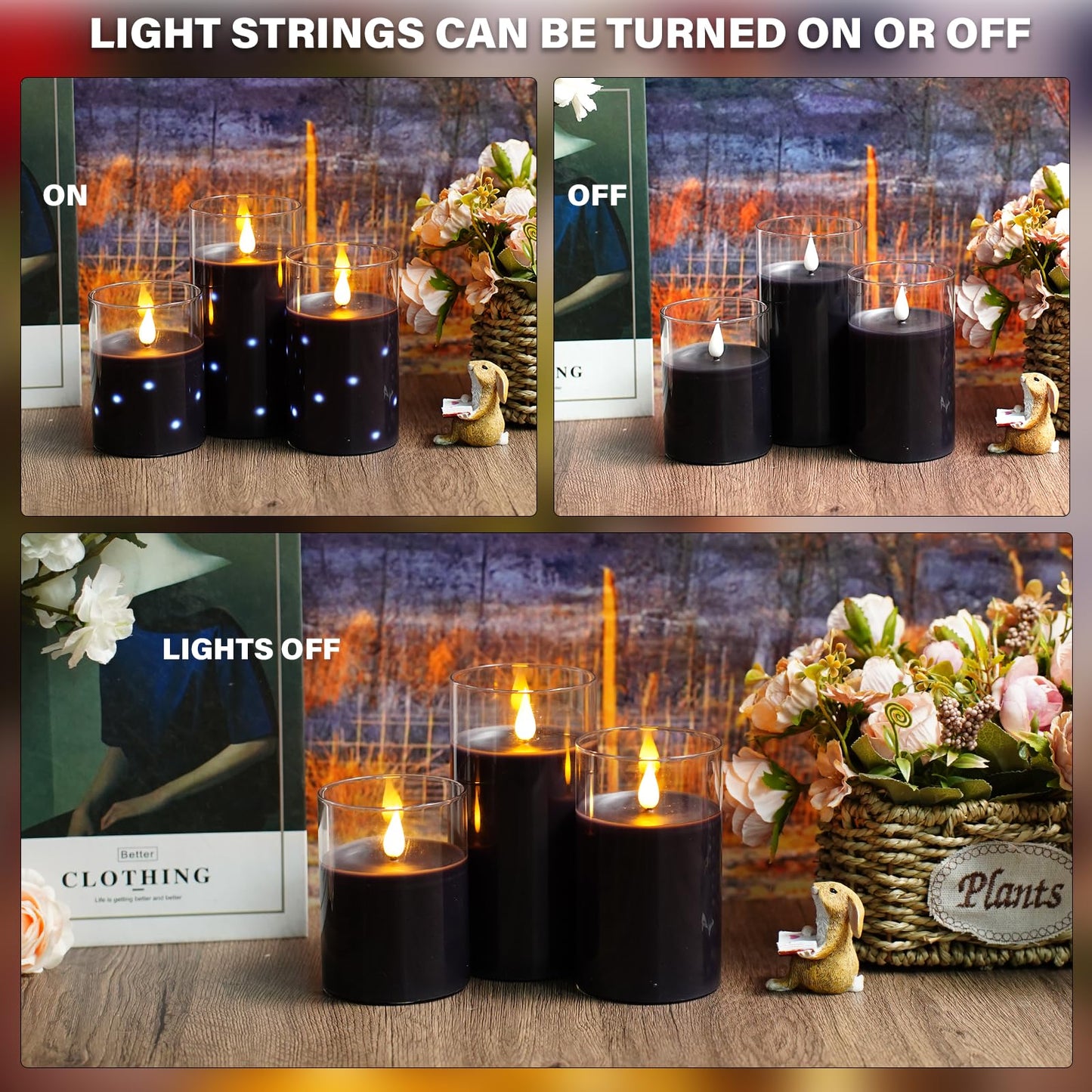 Nimiko Real Wax Flameless Candles Glass,Battery Operated LED Candles with Flickering Flame,Glass Shell,Interior Star Light Decoration Set of 3 Black (D3×H 4" 5" 6") for Home Decor,Holiday Decoration