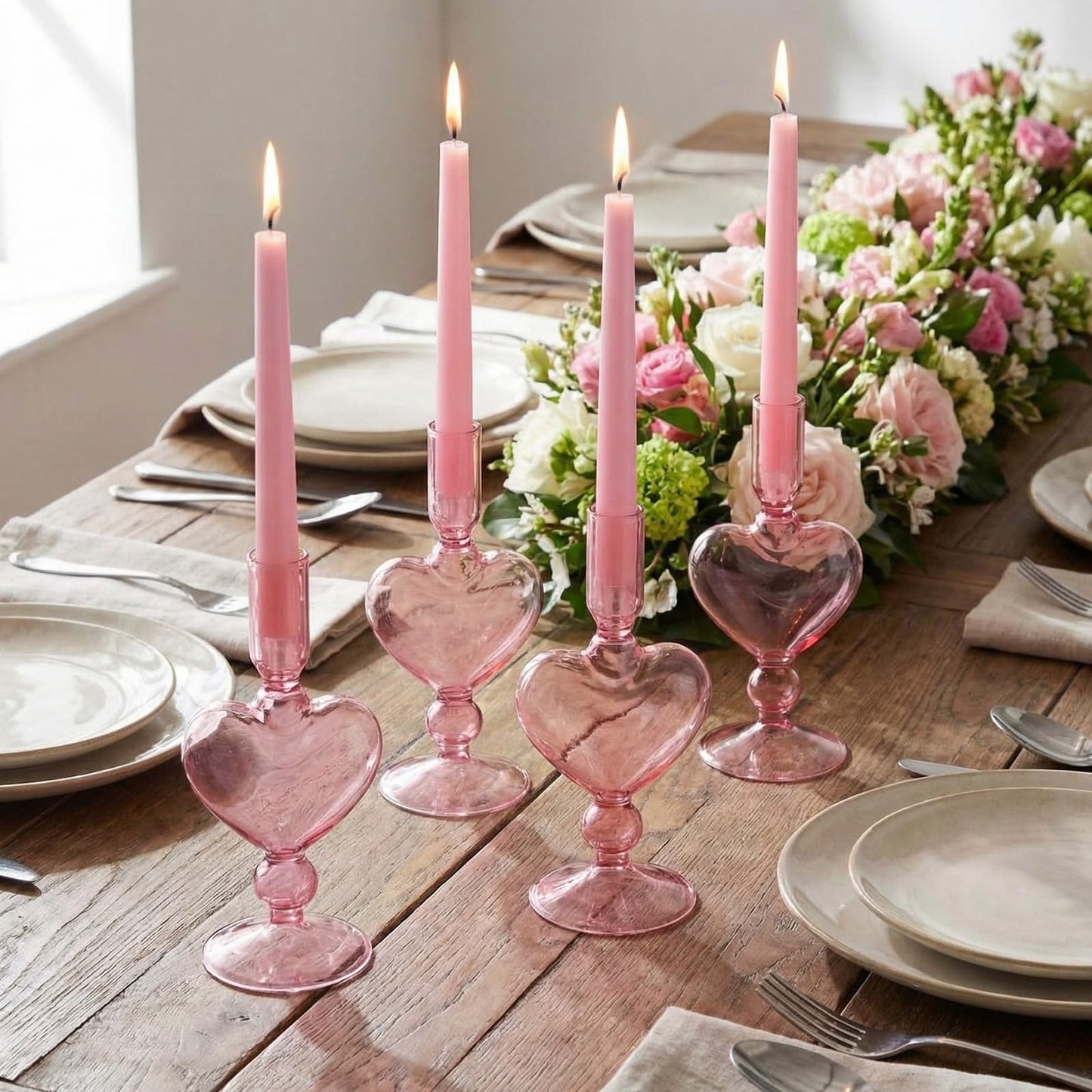 Teecyhooo 4pcs Valentine's Day Candle Holder 7" Heart Glass Taper Candlestick Holder Valentines Heart Candle Stick Vase Decor for Wedding Party Table Centerpiece(Pink)