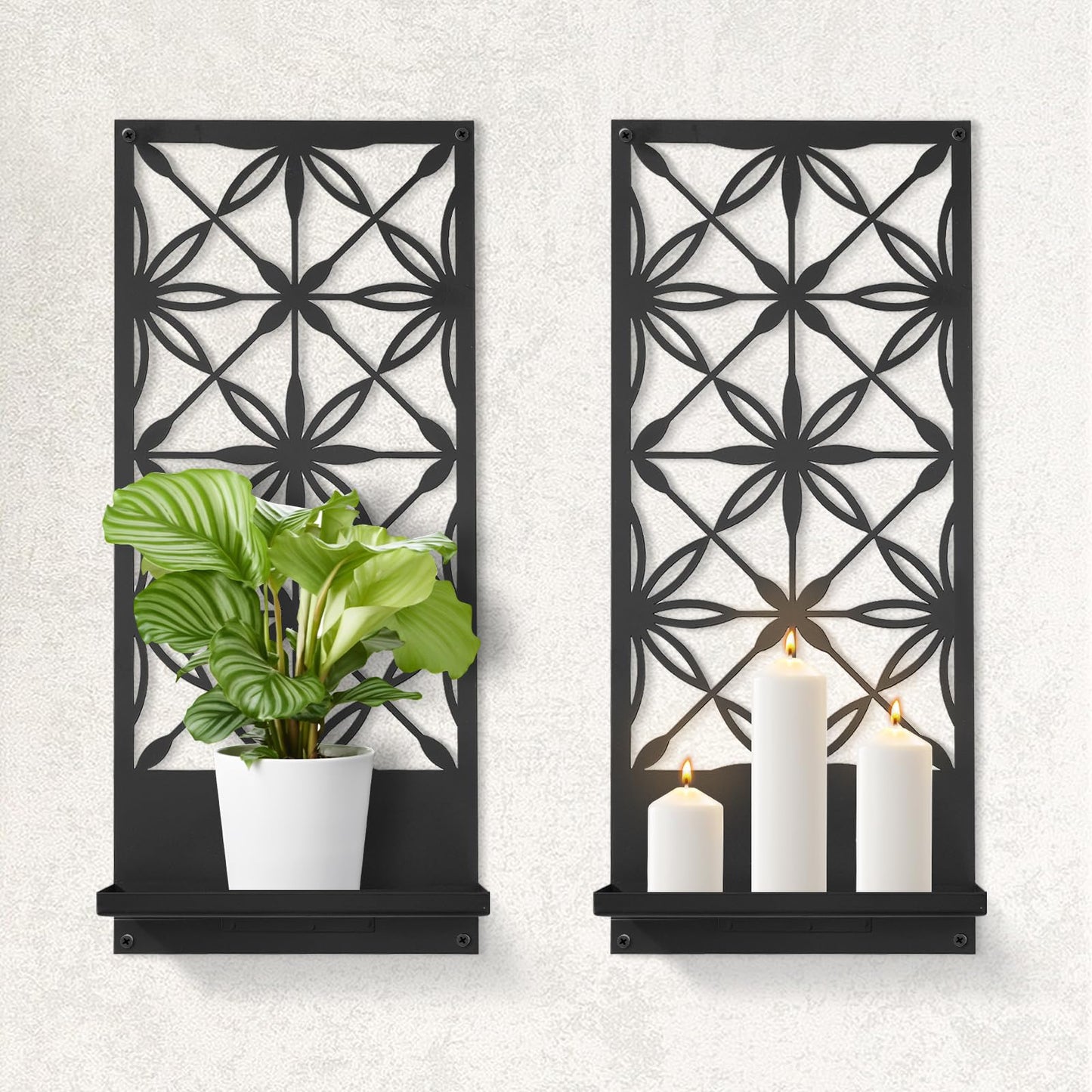 Doodlream 2 Pack Candle Wall Sconces, Retro Black Metal Wall Candle Holders, Foldable Floating Shelves with Rectangle Floral Geometric Back, Farmhouse Wall Decor for Entryway Living Room Bedroom