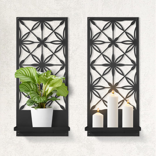 Doodlream 2 Pack Candle Wall Sconces, Retro Black Metal Wall Candle Holders, Foldable Floating Shelves with Rectangle Floral Geometric Back, Farmhouse Wall Decor for Entryway Living Room Bedroom