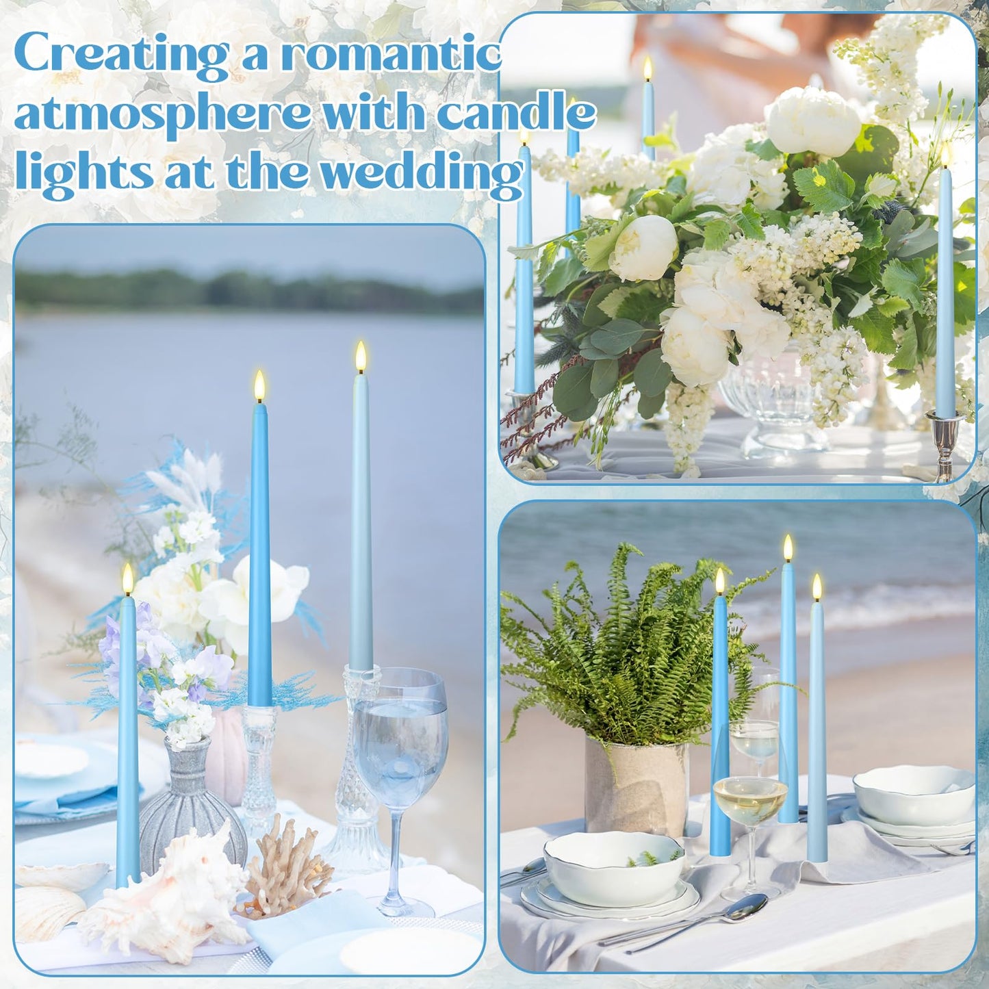 Macarrie 24 Packs Flameless Taper Candles Battery Operated Fake 11 Inch Long Candlelight LED Flameless Candlesticks Flickering Tapered for Summer Fall Wedding(Mixed Blue)