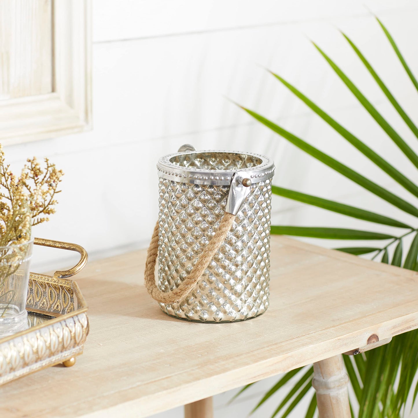 Deco 79 Glass Handmade Indoor Outdoor Candle Lantern Decorative Lantern Candle Holder with Rope Handle, Lantern 5" x 5" x 13", Silver
