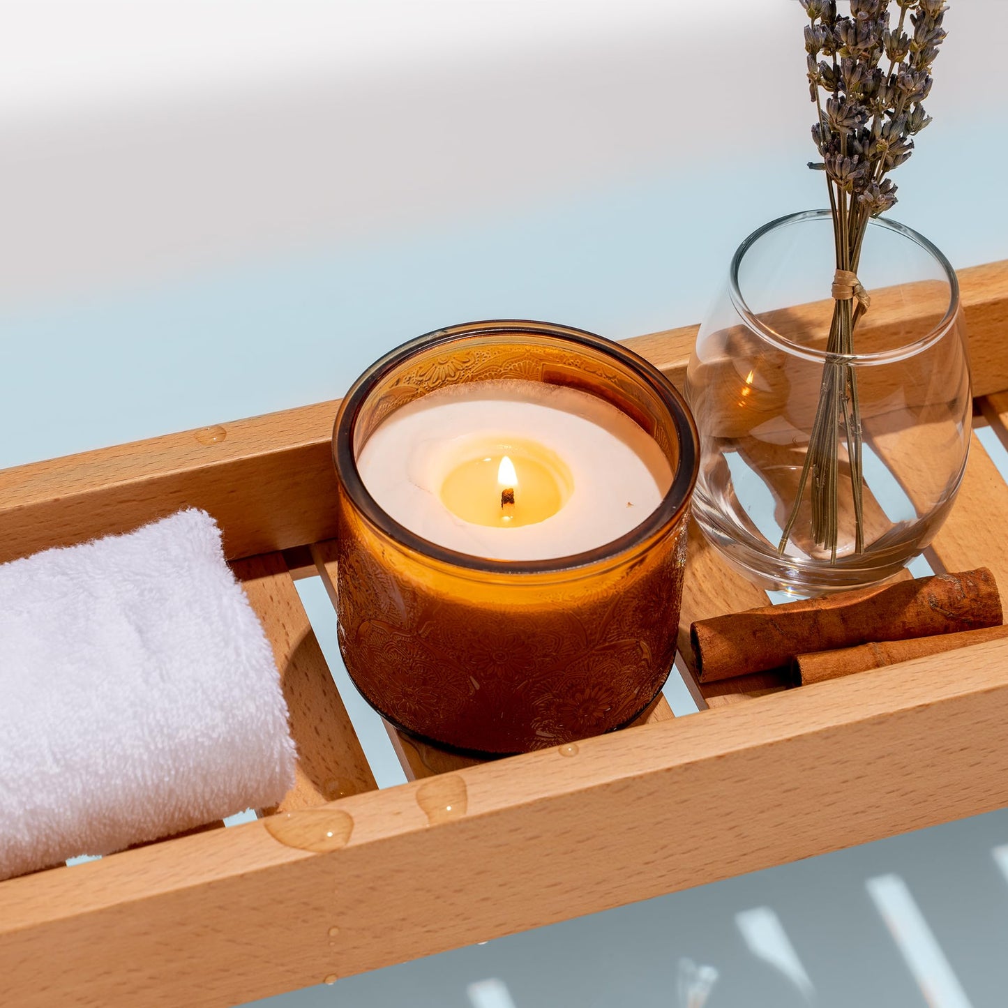 10 oz Embossed Glass Candle Container with Bamboo Lids and Labels,Amber Candle Jars for Making Candles,Mandala Design - Pack of 9