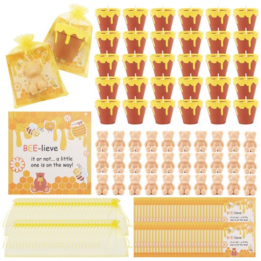 SRCVYLT 60 Sets Bee Themed Candle Set for Shower Party Favors Cute Honey Jar Candle with Thank You Tags Organza Bags Bear Candles Shower Gifts for Guest Gender Reveal Party Decoration Gifts