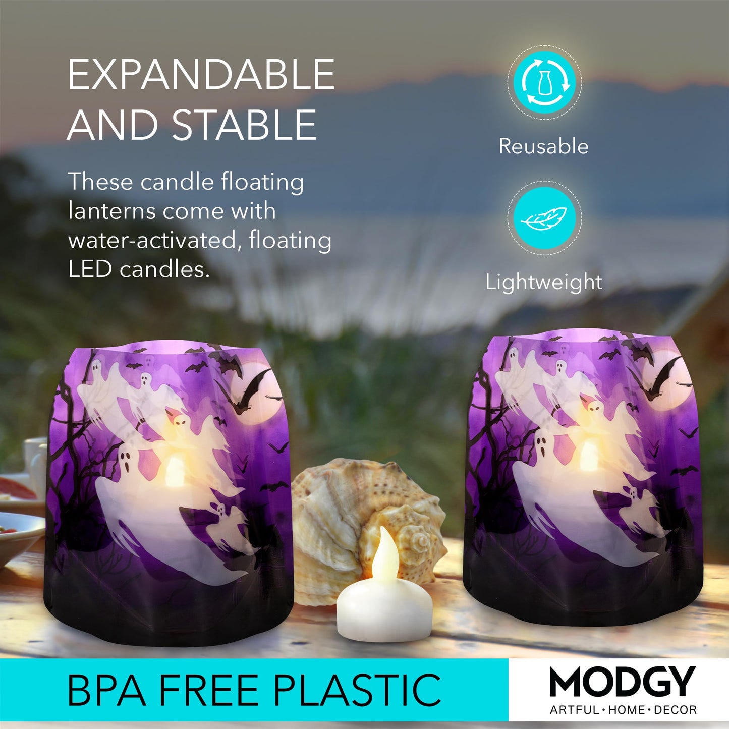 MODGY Luminary Lanterns Candle Holder Decorative Indoor Outdoor Decor, Lanterns for Wedding Centerpiece Decoration Outside Patio, with Flameless Floating LED Candles, Boo! Pack of 2