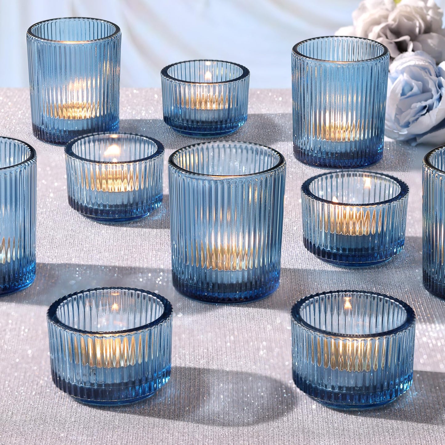 NITIME 20pcs Ribbed Blue Votive Candle Holders, Assorted Tea Lights Candle Holder, Blue Glass Candle Holders for Table Centerpiece, Wedding Table Settings and Party Decorations